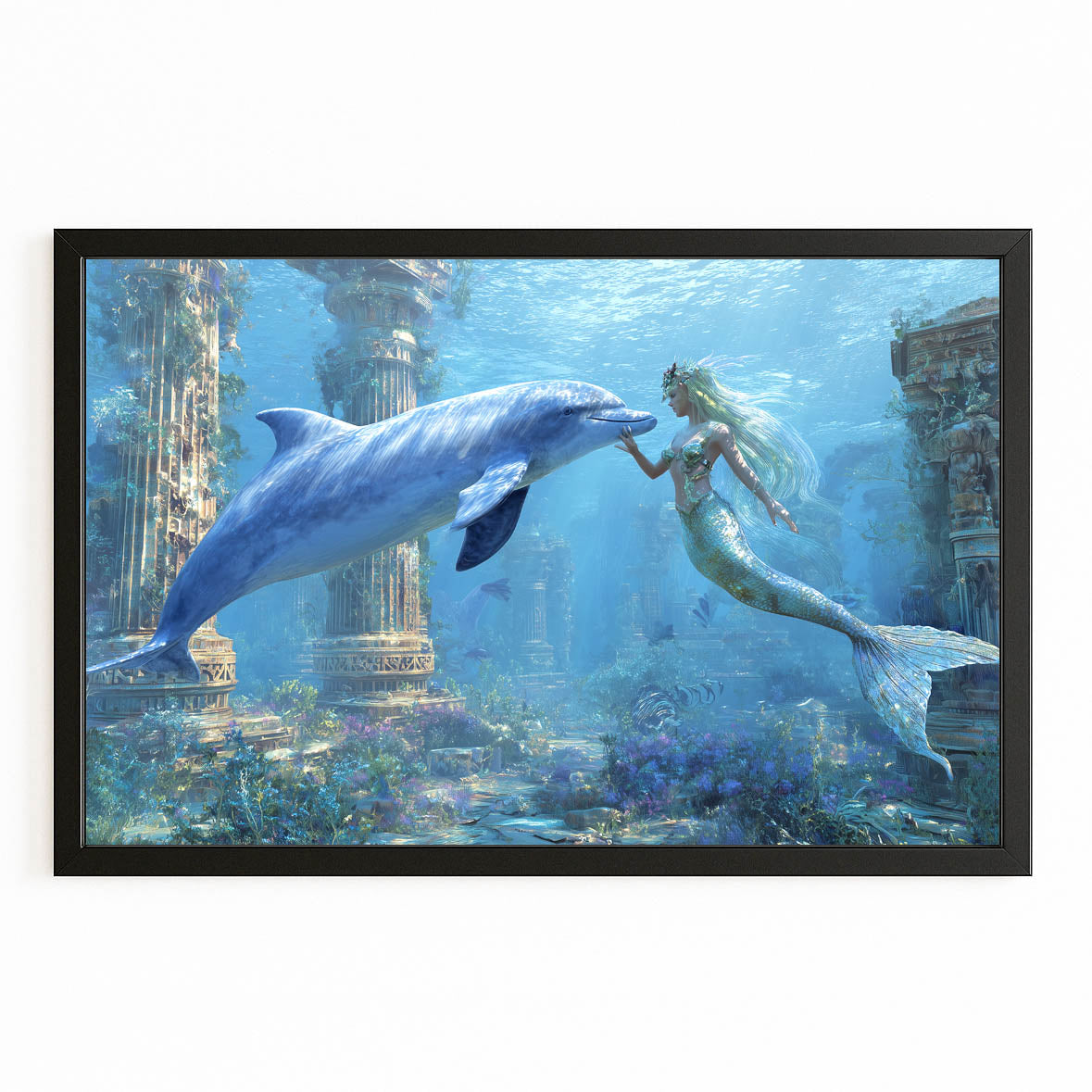 Mermaid Ruins Dolphin Canvas – with Premium Black wood frame on white background