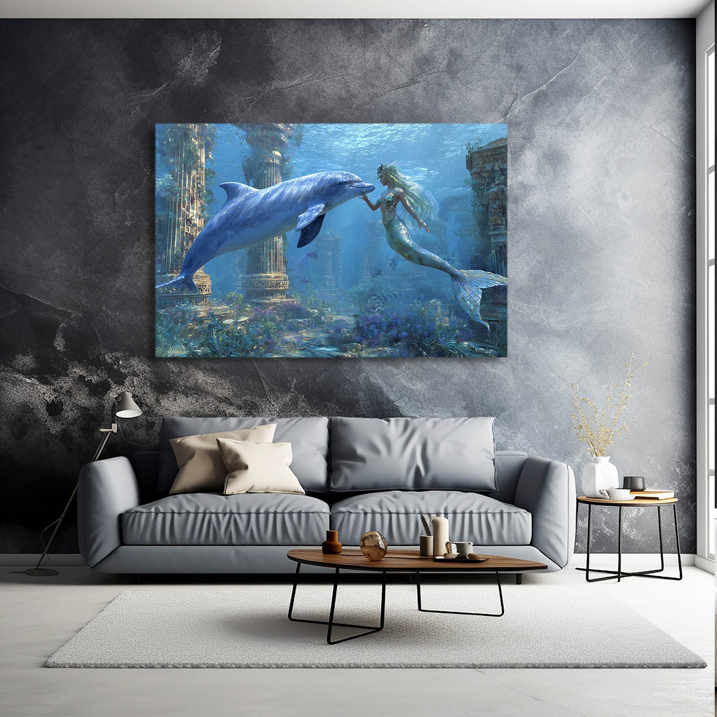 Mermaid Ruins Dolphin Canvas – styled in a furnished interior