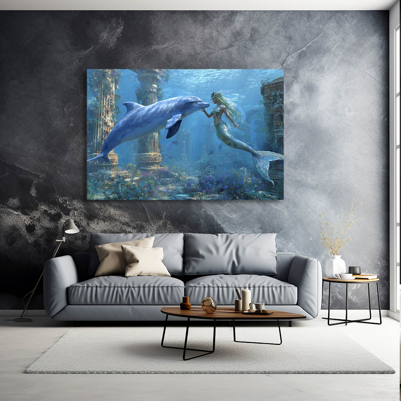 Mermaid Ruins Dolphin Canvas – styled in a furnished interior