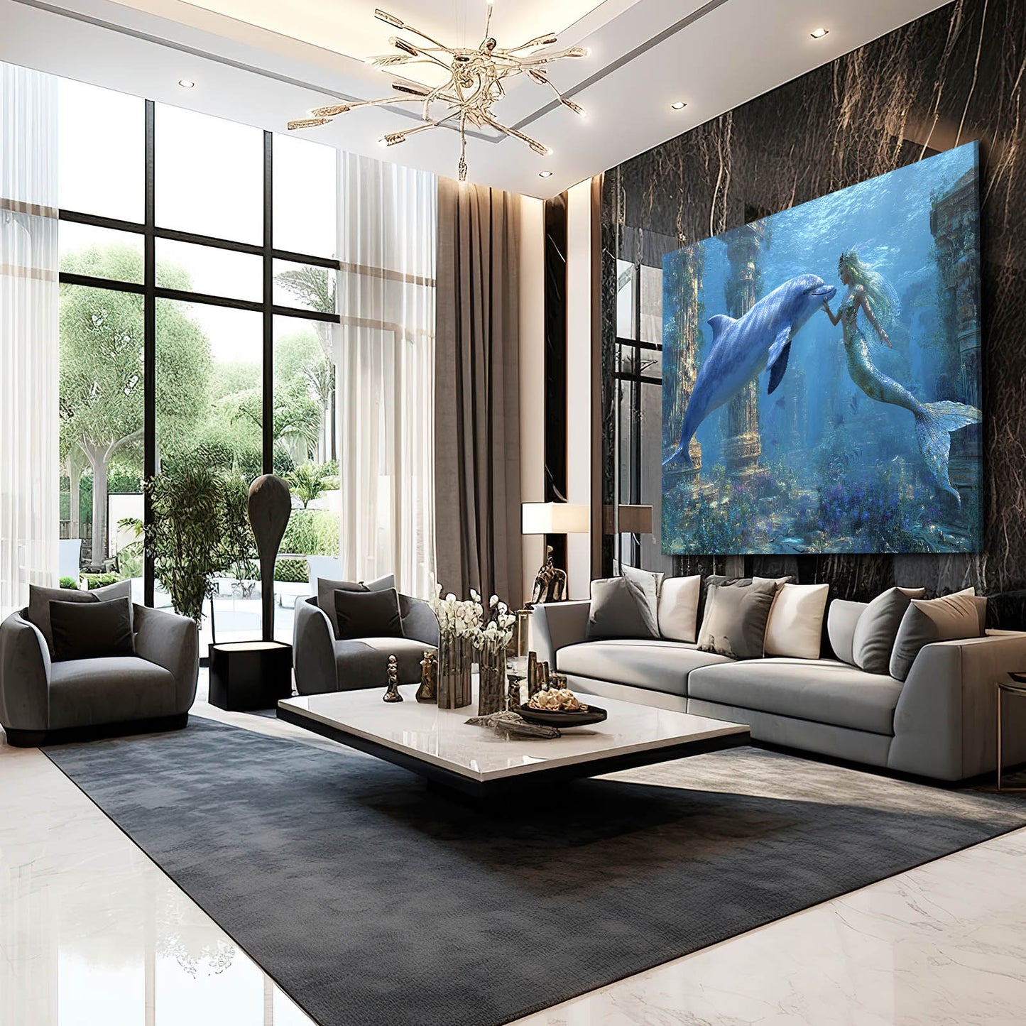Mermaid Ruins Dolphin Canvas – styled in a furnished interior