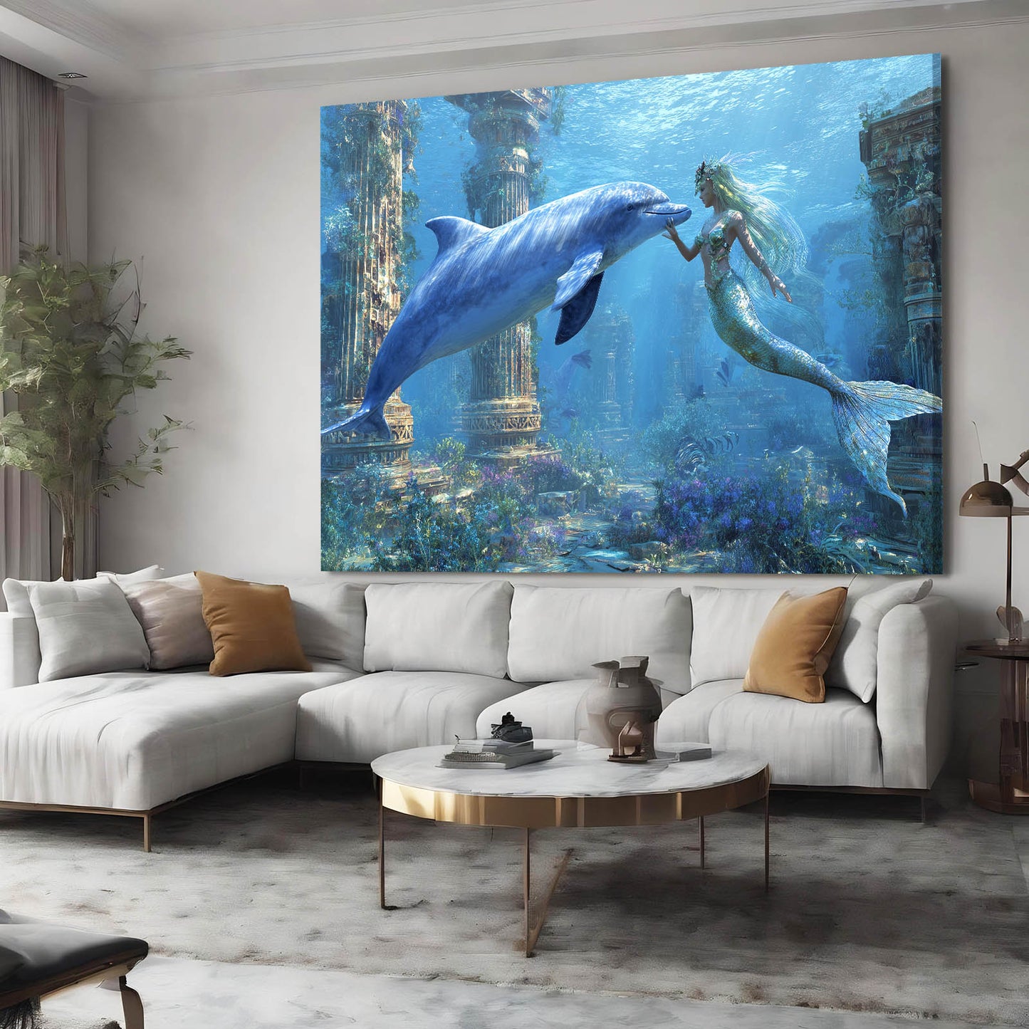 Mermaid Ruins Dolphin Canvas – styled in a furnished interior