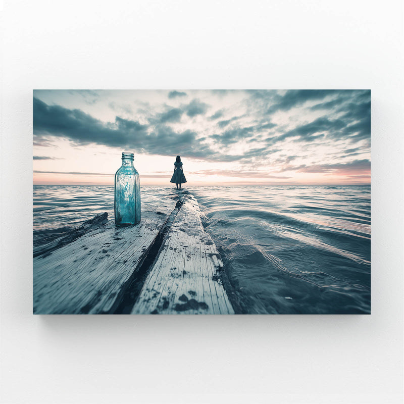 Message Bottles Photography Art – glass bottles lined on a pier over the sea