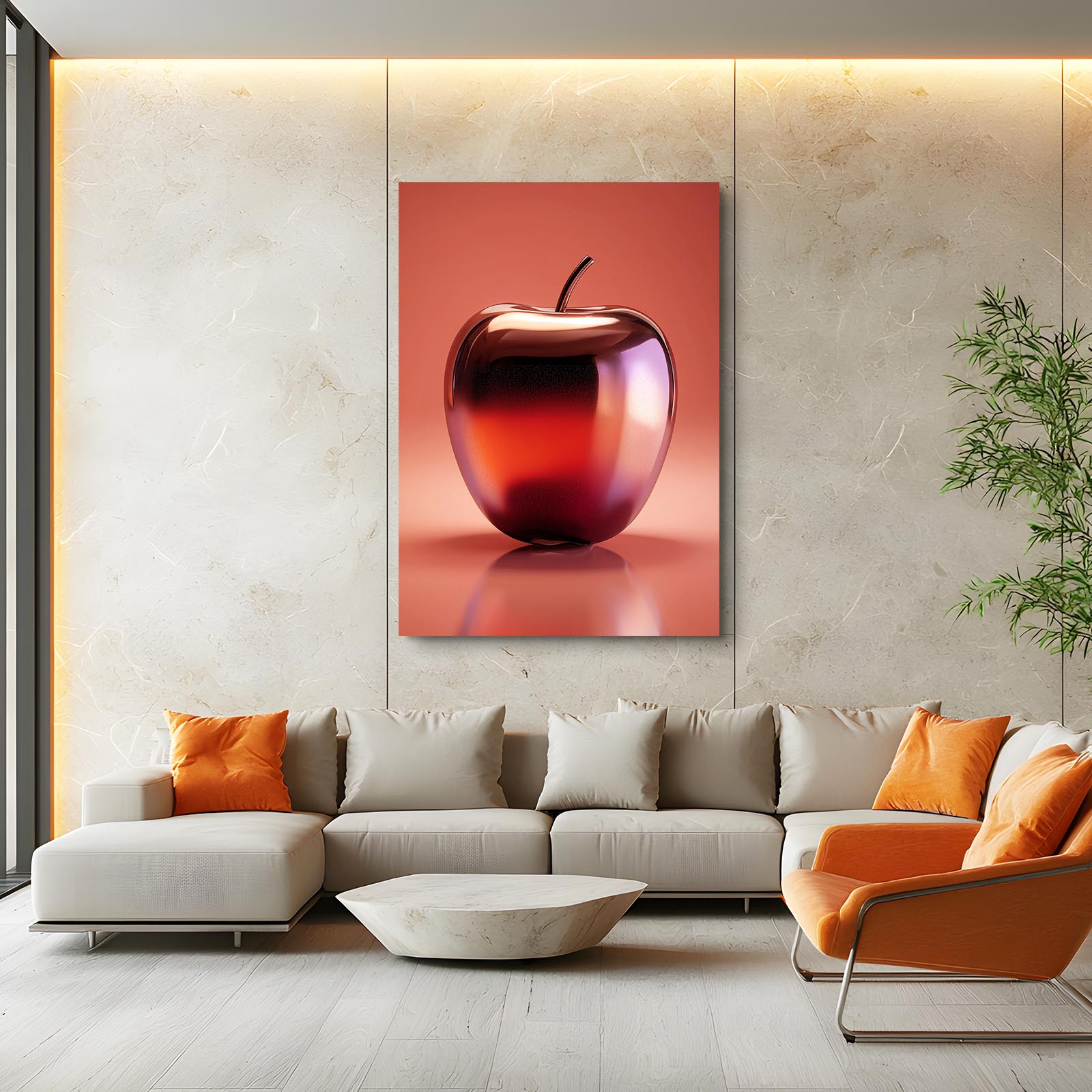 Metallic Coral Gloss Apple Canvas Art – styled in a furnished interior