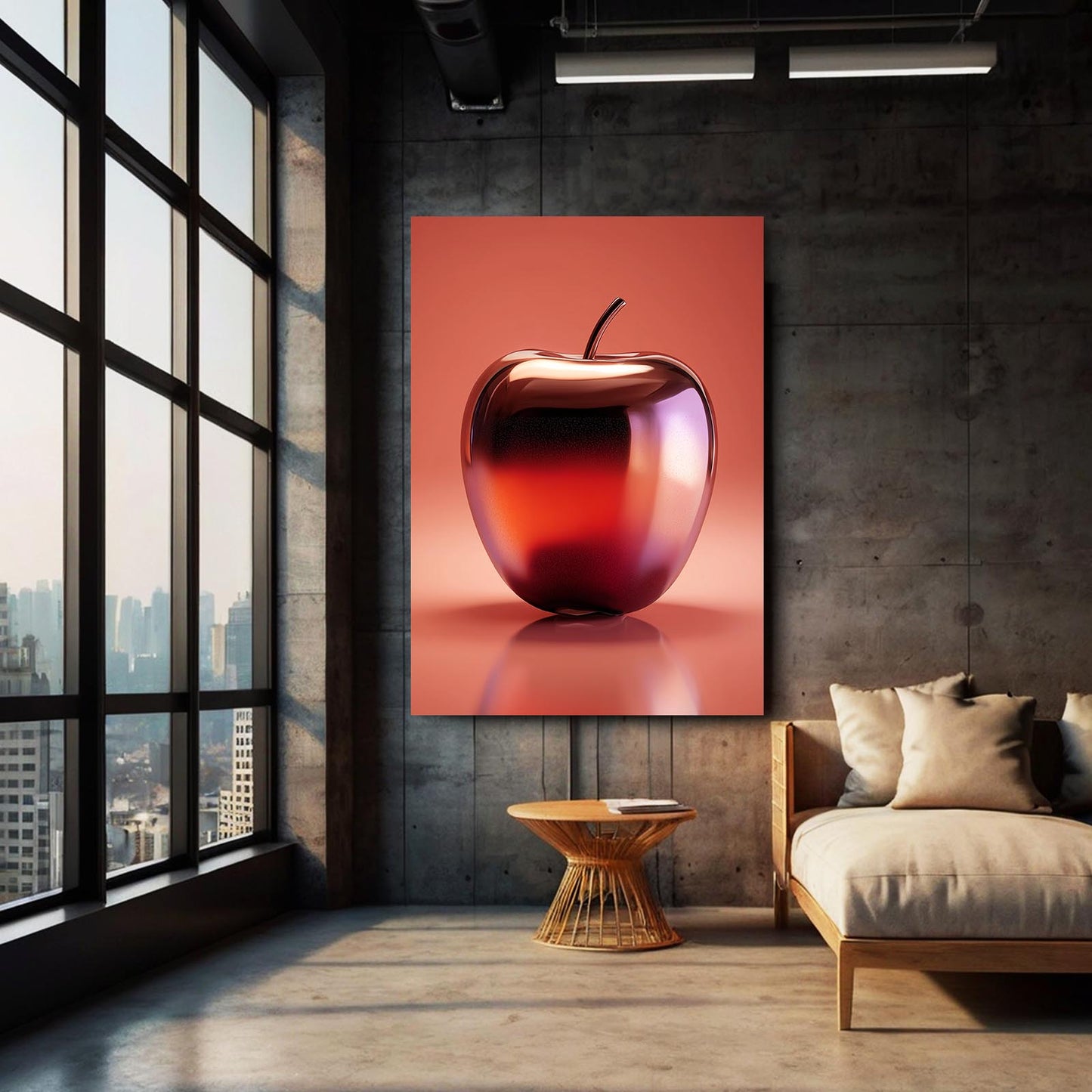 Metallic Coral Gloss Apple Canvas Art – styled in a furnished interior