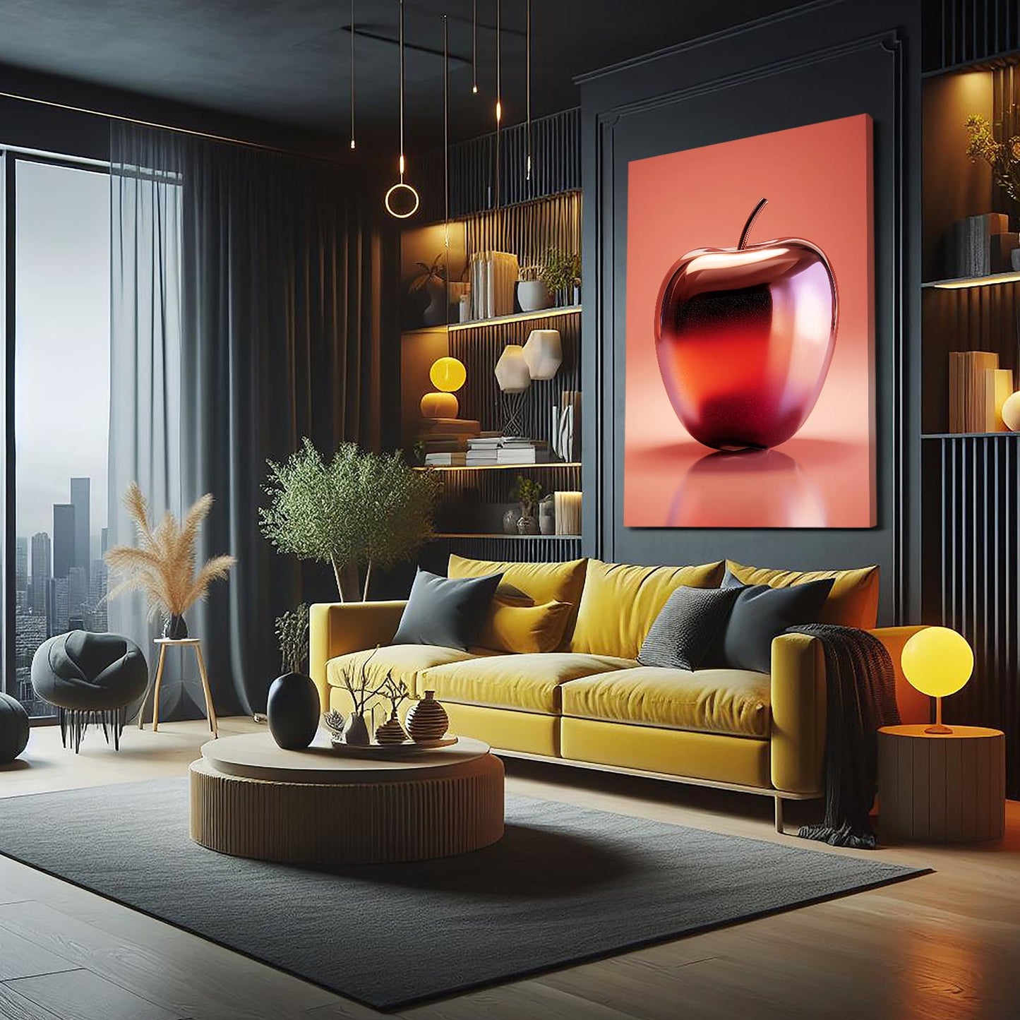 Metallic Coral Gloss Apple Canvas Art – styled in a furnished interior