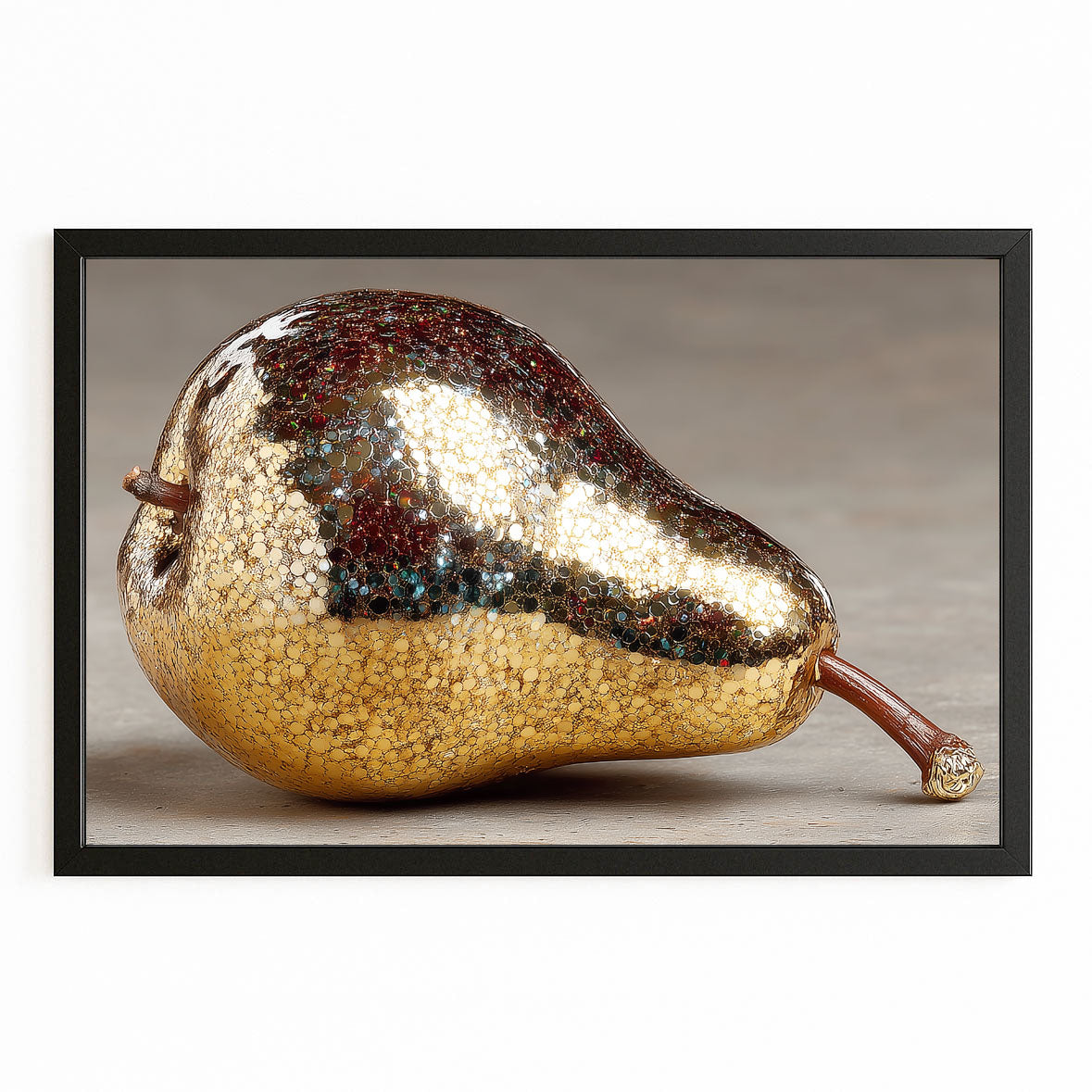 Metallic Silver Pear Fruit Canvas – with Premium Black frame on white background