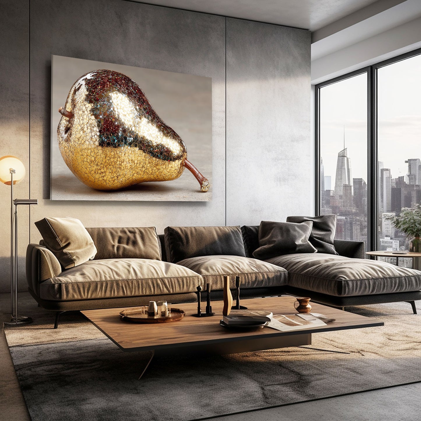 Metallic Silver Pear Fruit Canvas – styled in a furnished interior