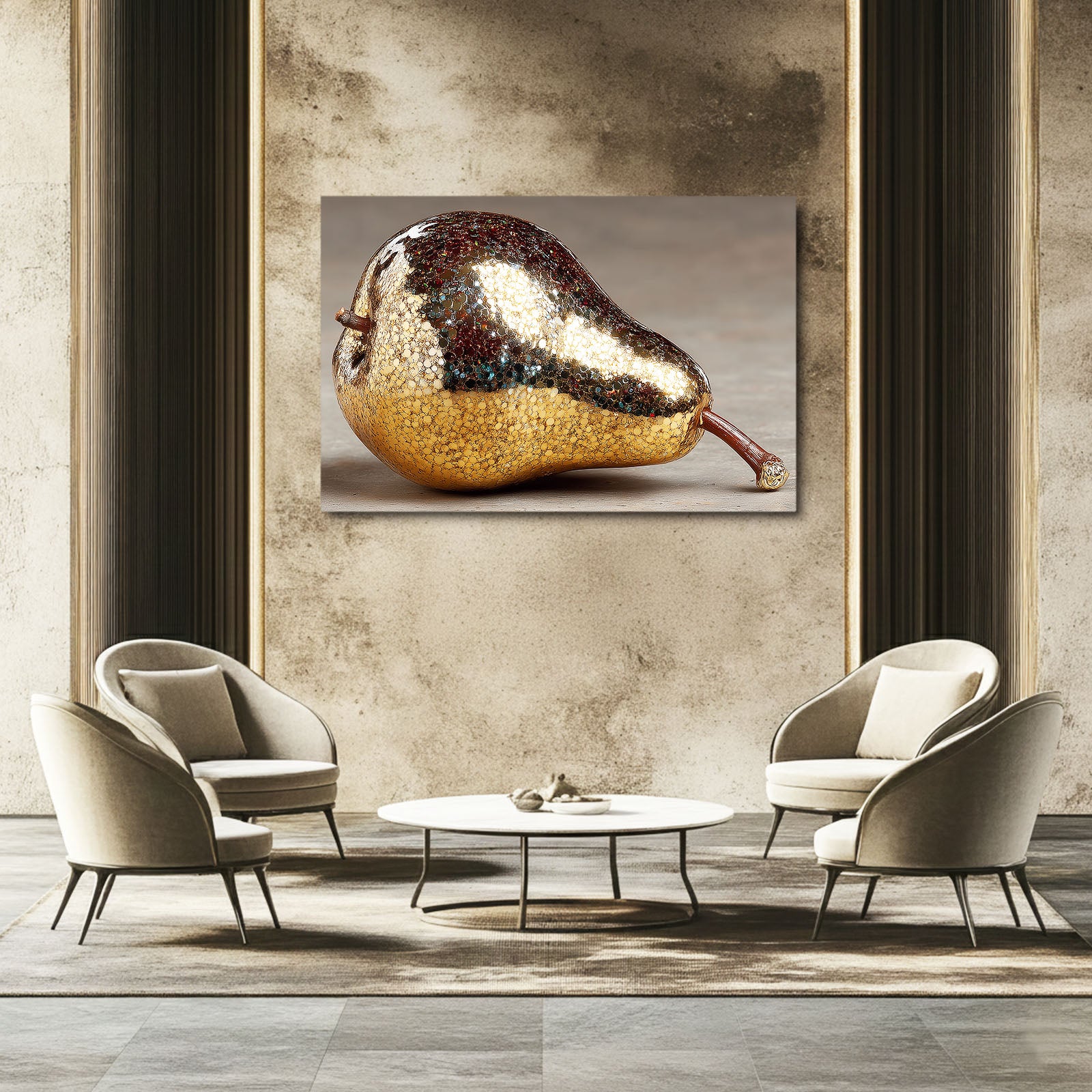 Metallic Silver Pear Fruit Canvas – styled in a furnished interior