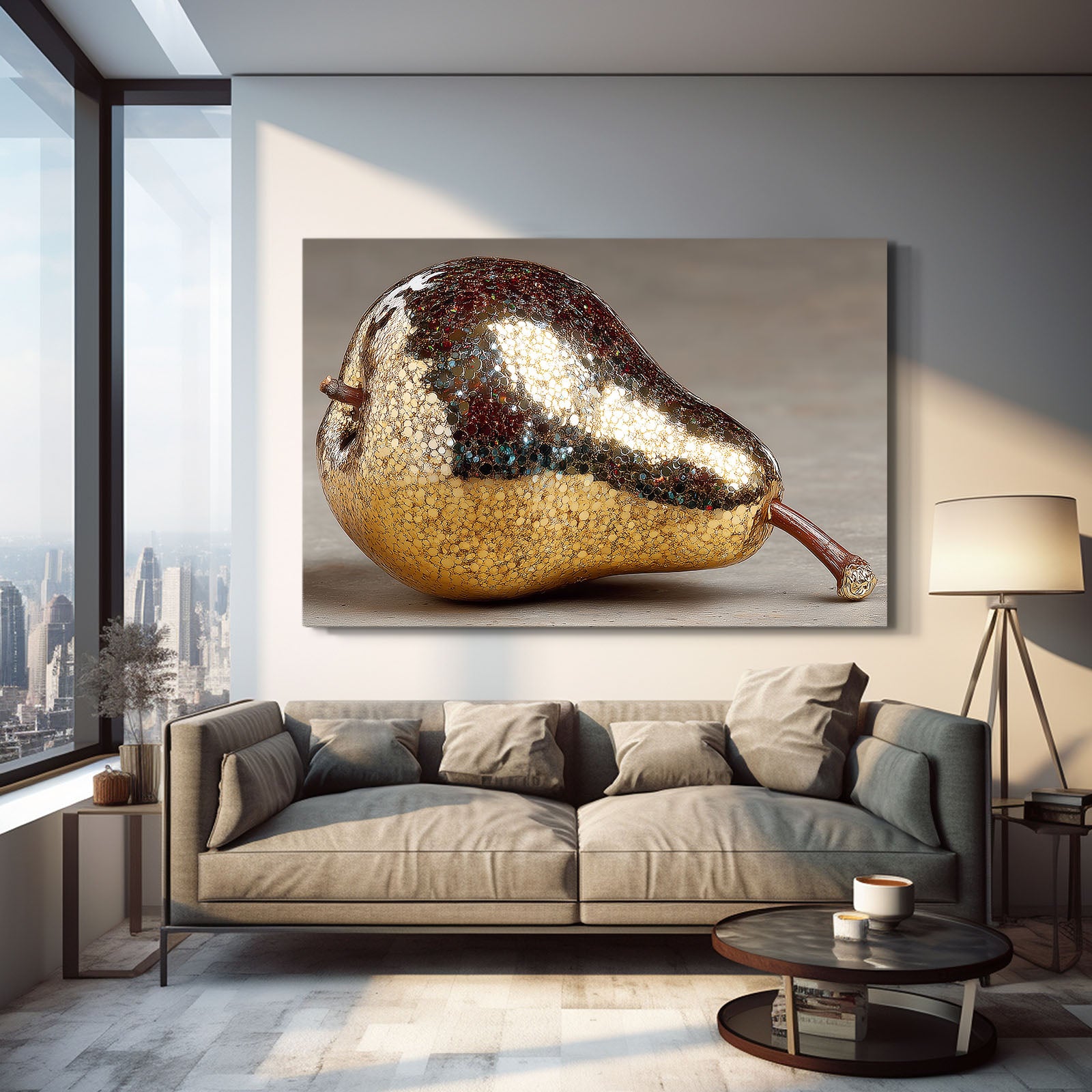 Metallic Silver Pear Fruit Canvas – styled in a furnished interior