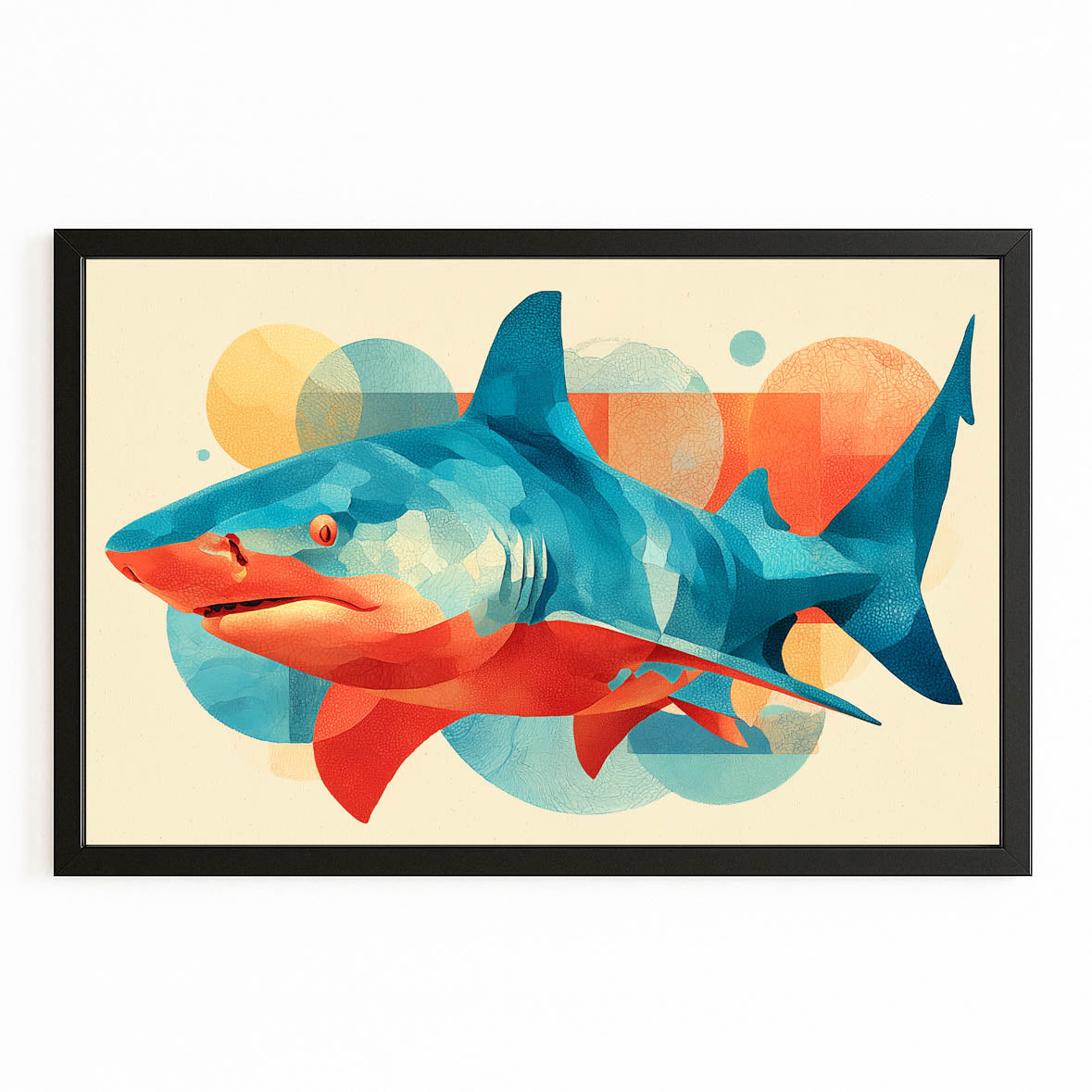 Mid Century Abstract Shark Canvas Art – with Premium Black frame on white background