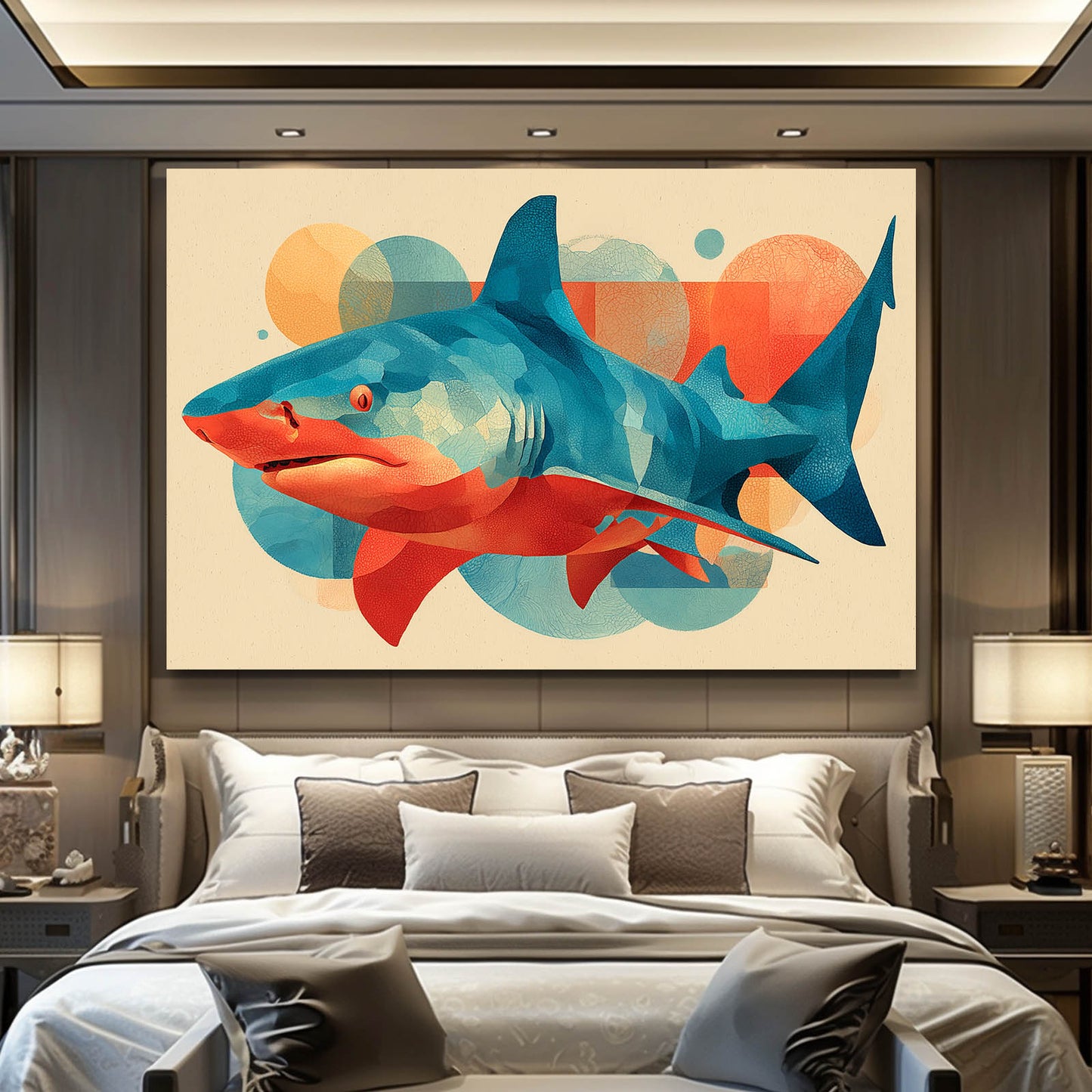 Mid Century Abstract Shark Canvas Art – styled in a furnished interior