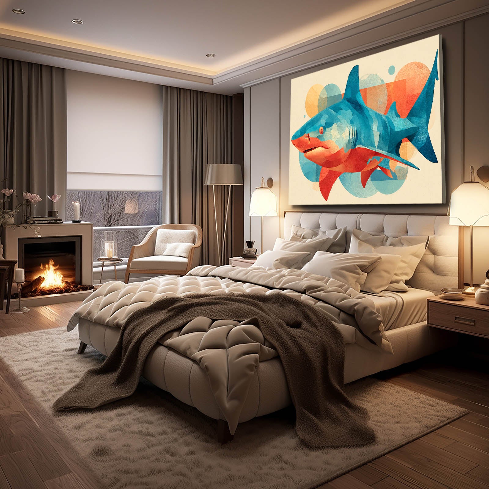 Mid Century Abstract Shark Canvas Art – styled in a furnished interior