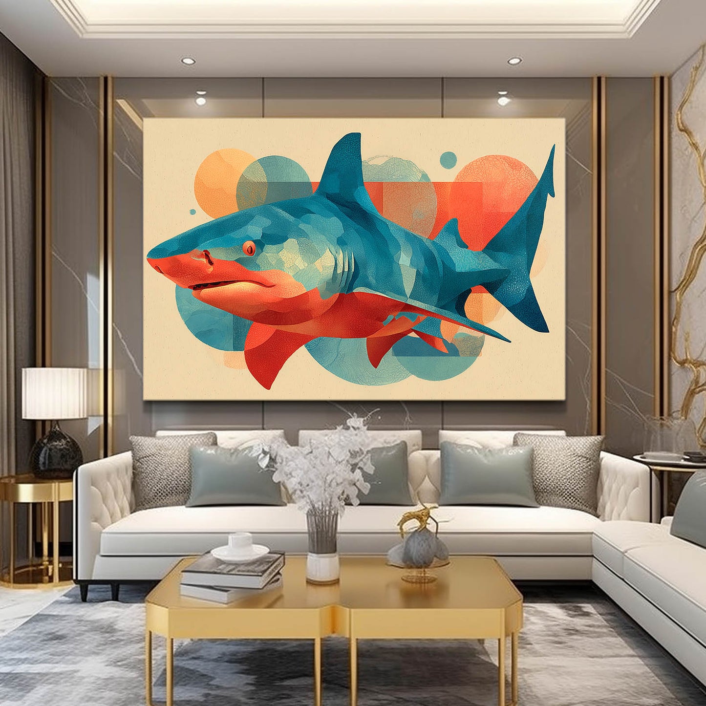 Mid Century Abstract Shark Canvas Art – styled in a furnished interior