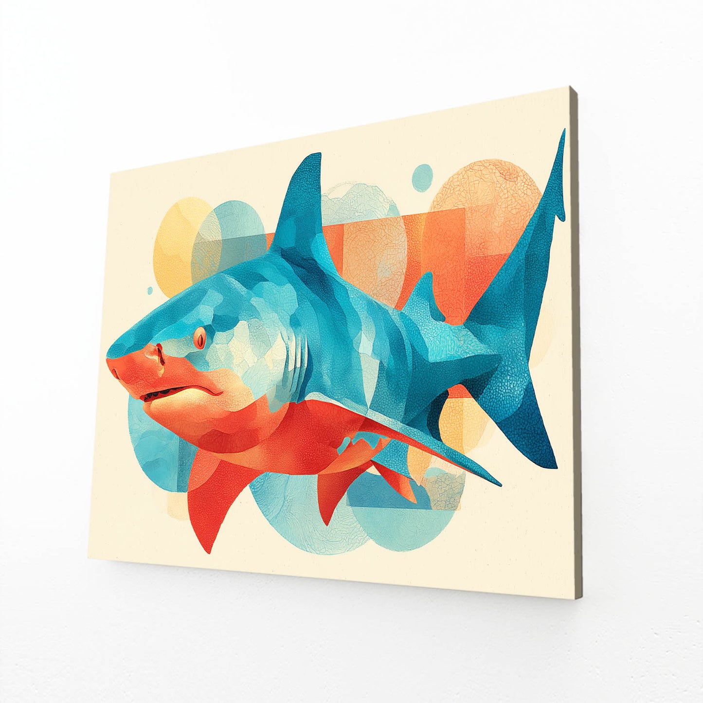 Mid Century Abstract Shark Canvas Art – angled canvas view on white background