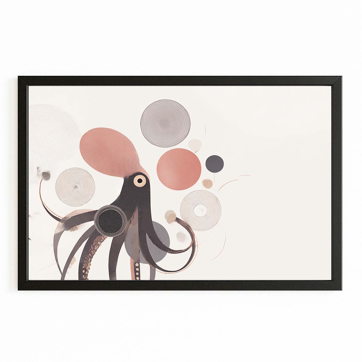 Mid Century Circles Octopus Art – with Premium Black frame on white background