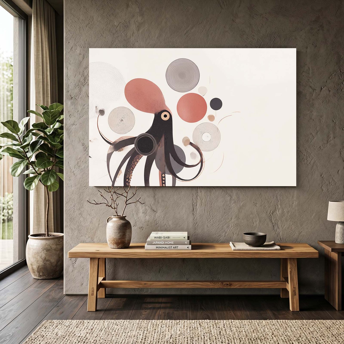 Mid Century Circles Octopus Art – styled in a furnished interior