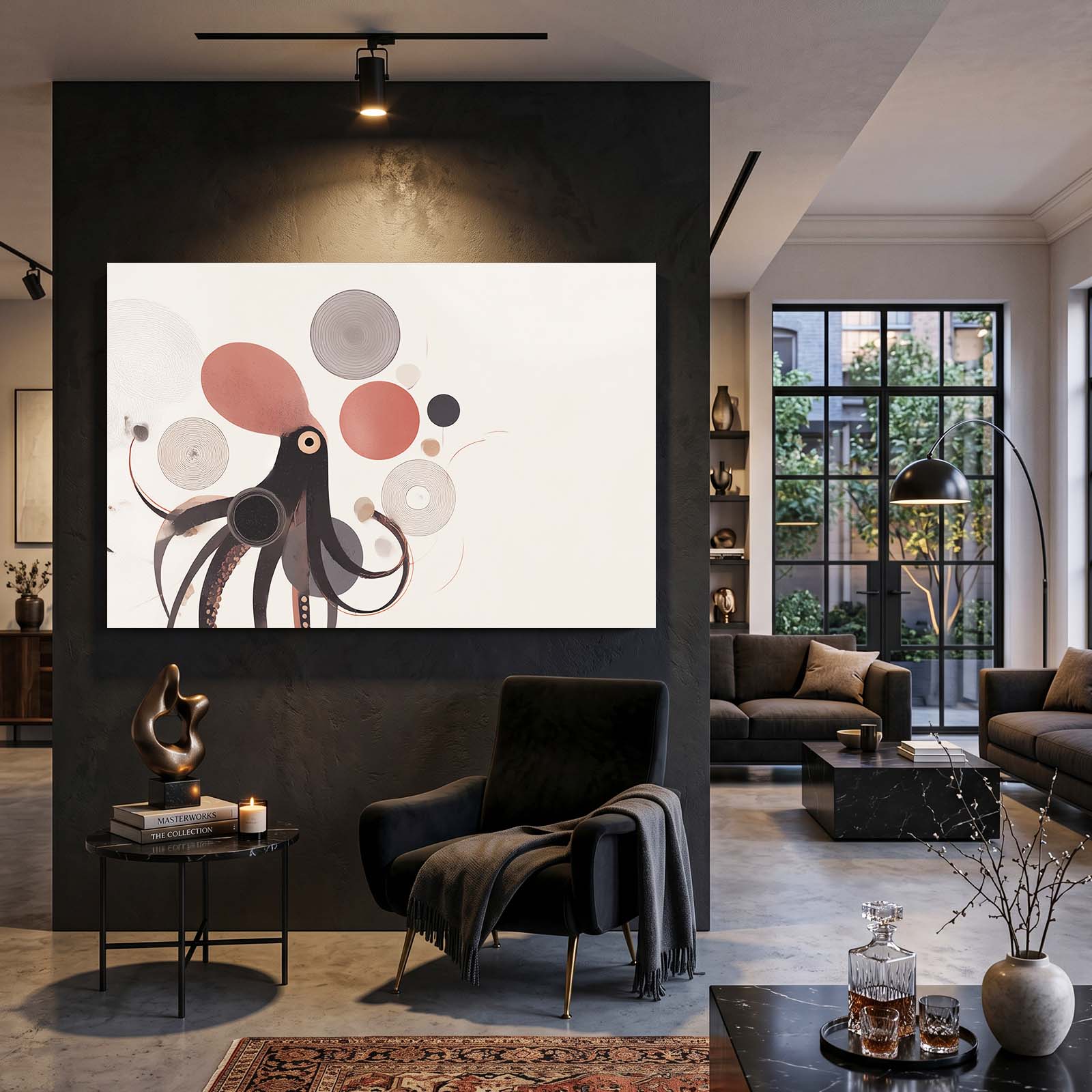 Mid Century Circles Octopus Art – styled in a furnished interior
