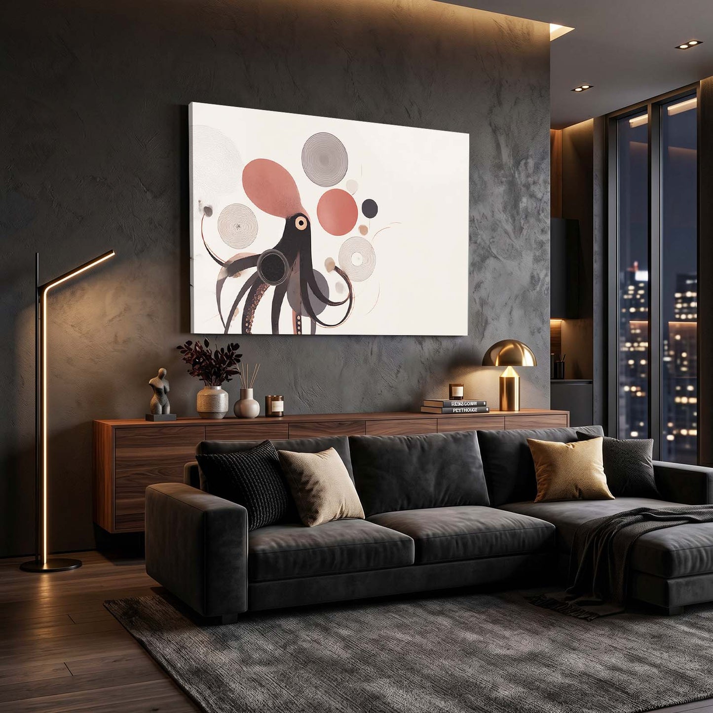 Mid Century Circles Octopus Art – styled in a furnished interior