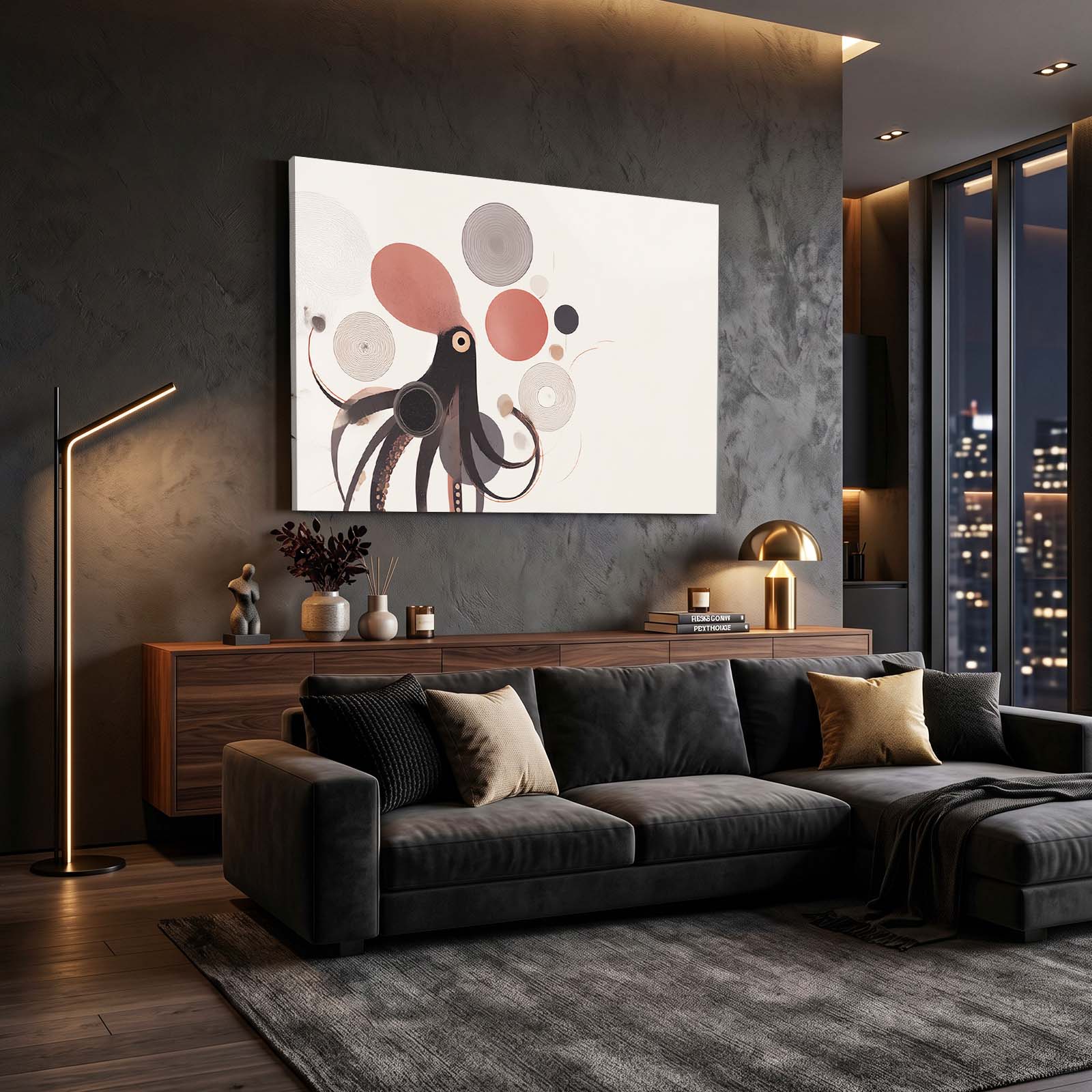 Mid Century Circles Octopus Art – styled in a furnished interior