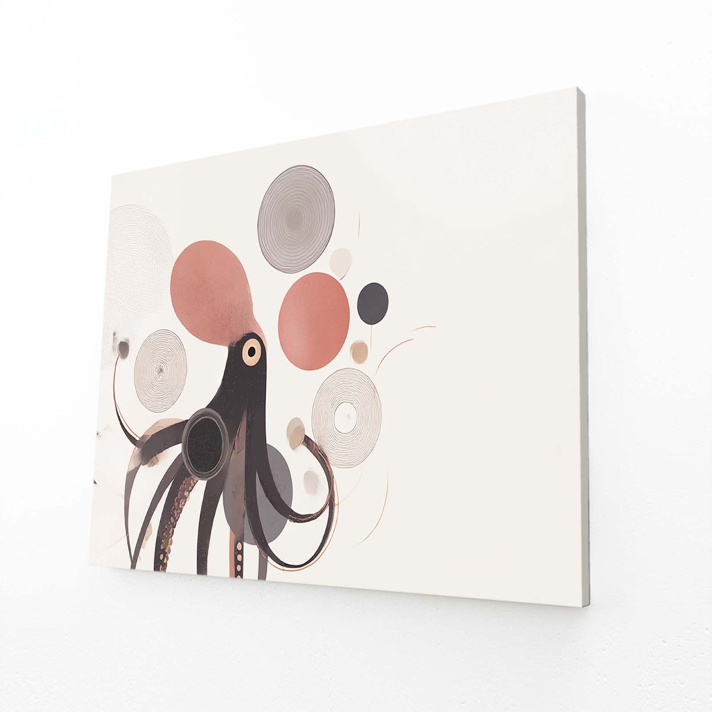 Mid Century Circles Octopus Art – angled canvas view on white background
