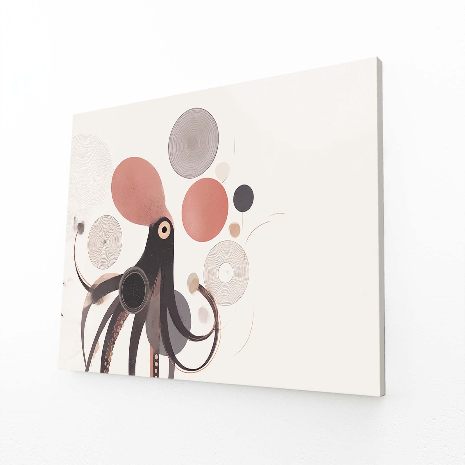 Mid Century Circles Octopus Art – angled canvas view on white background