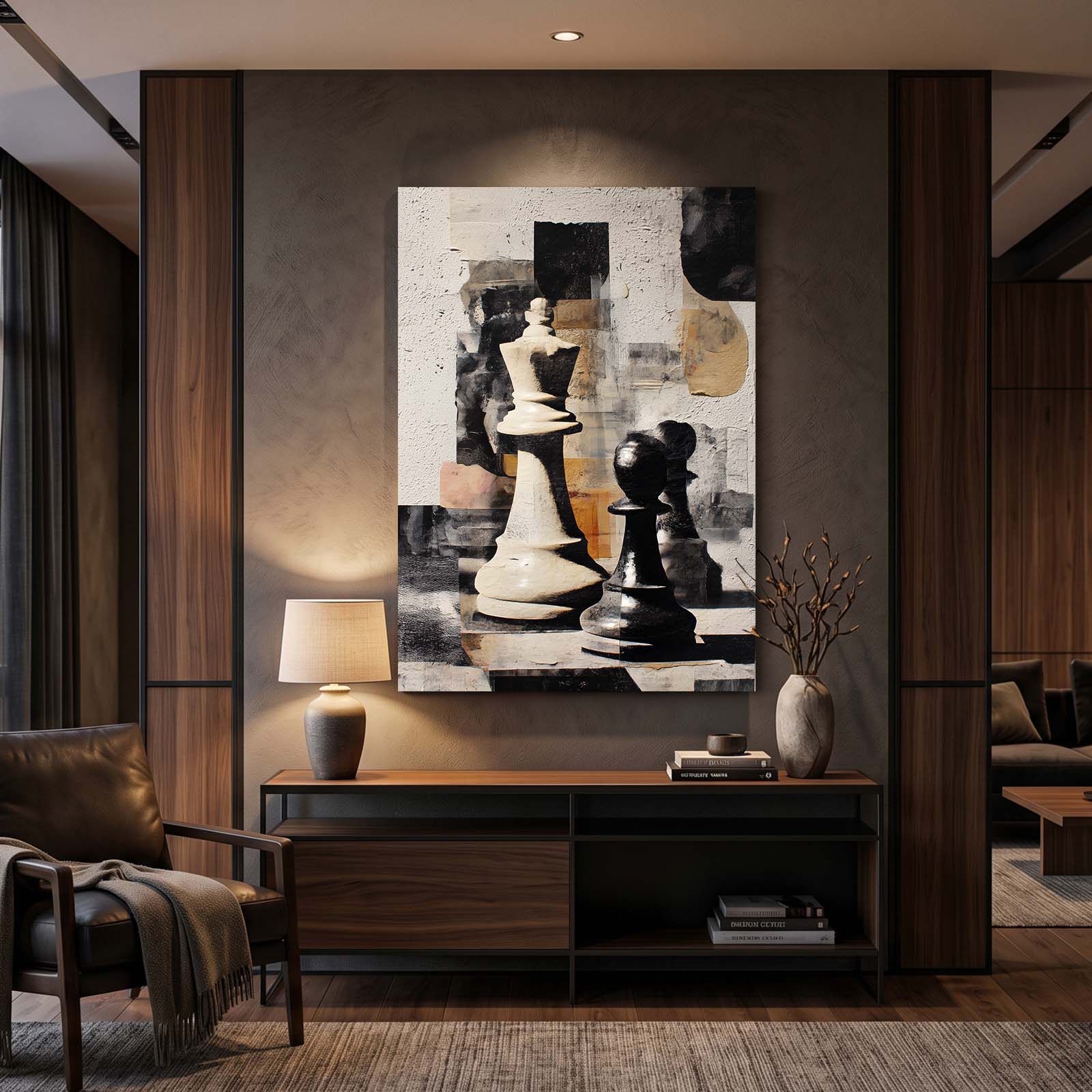 Mid Century Collage Chess Wall Decor – styled in a furnished interior