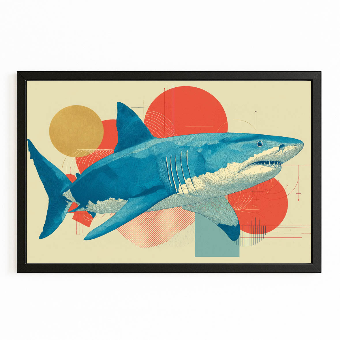 Mid Century Geometric Shark Art – with Premium Black frame on white background