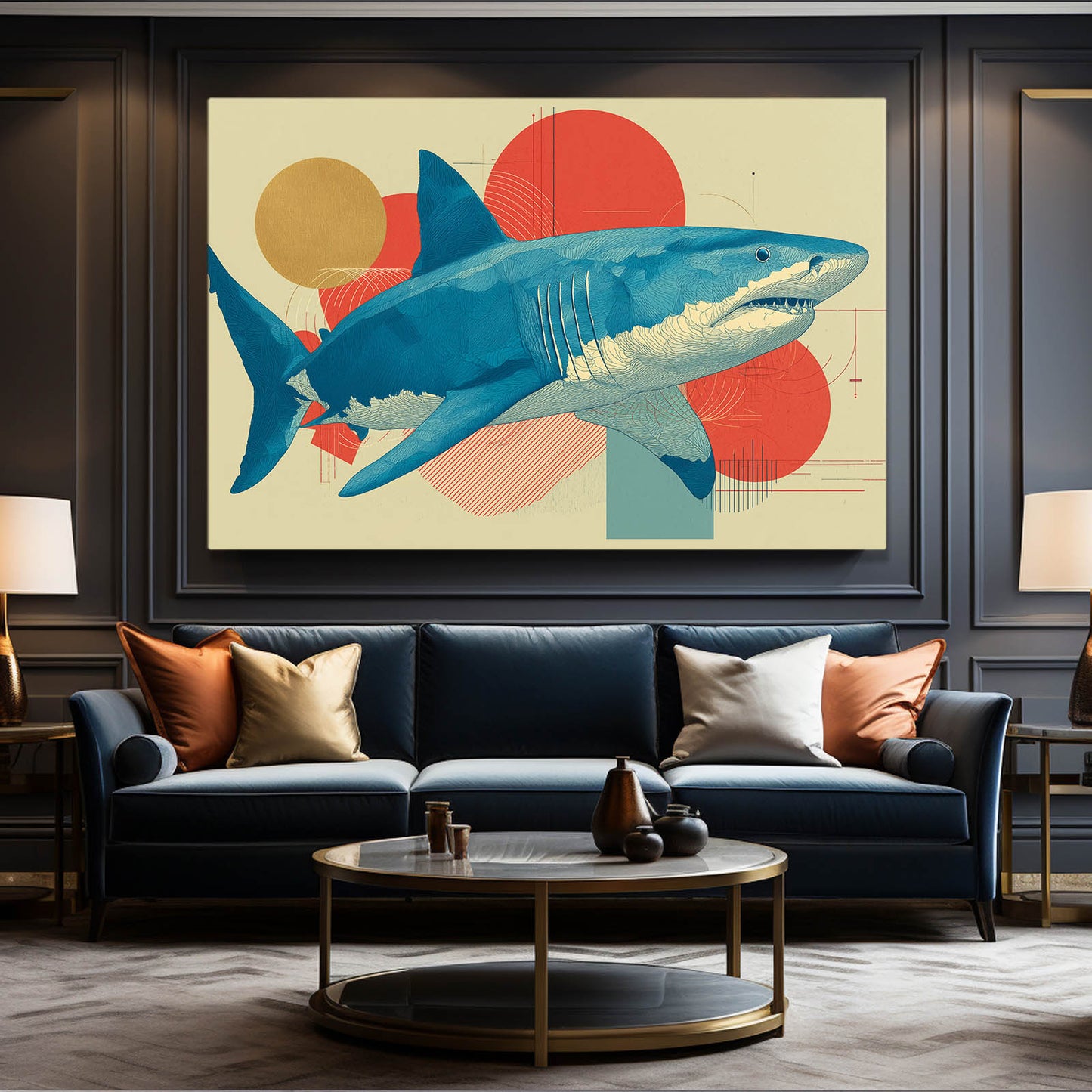 Mid Century Geometric Shark Art – styled in a furnished interior