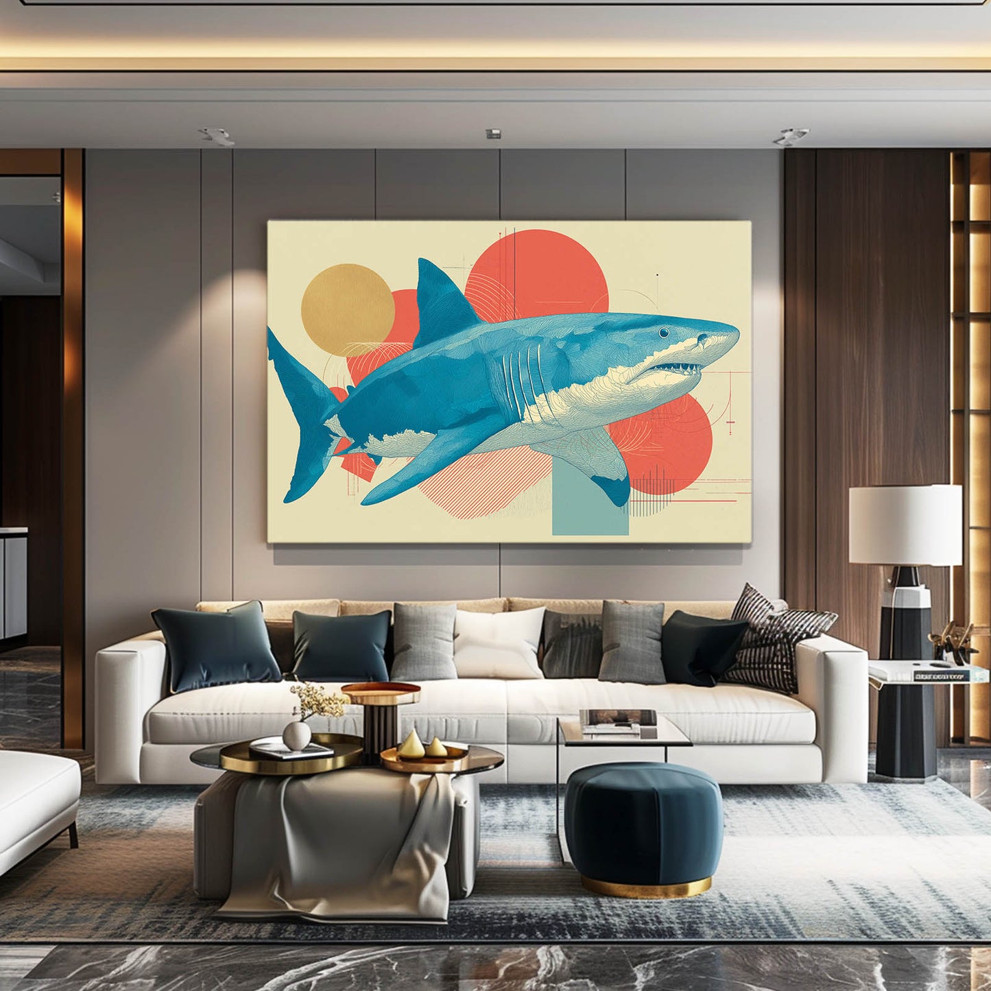 Mid Century Geometric Shark Art – styled in a furnished interior