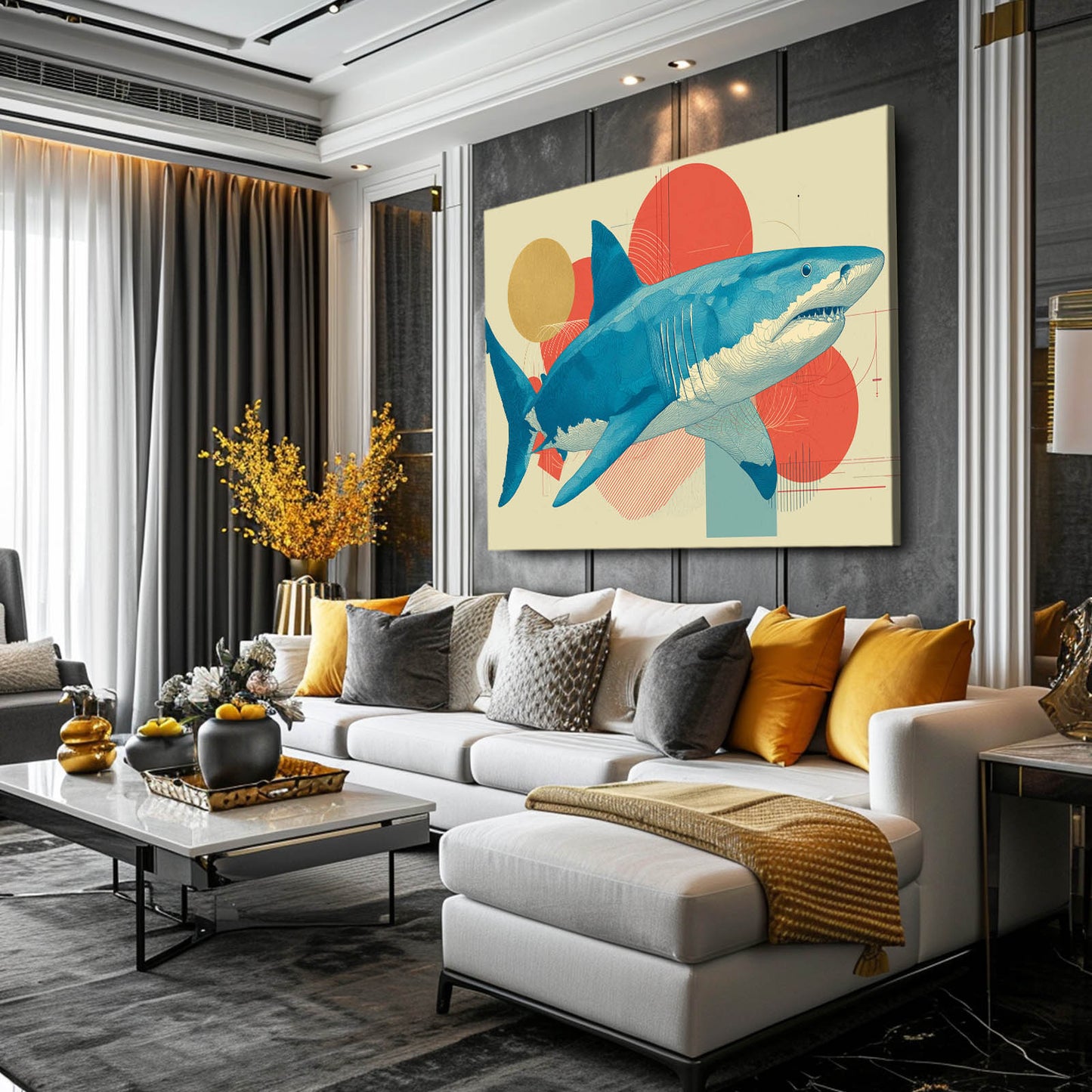Mid Century Geometric Shark Art – styled in a furnished interior