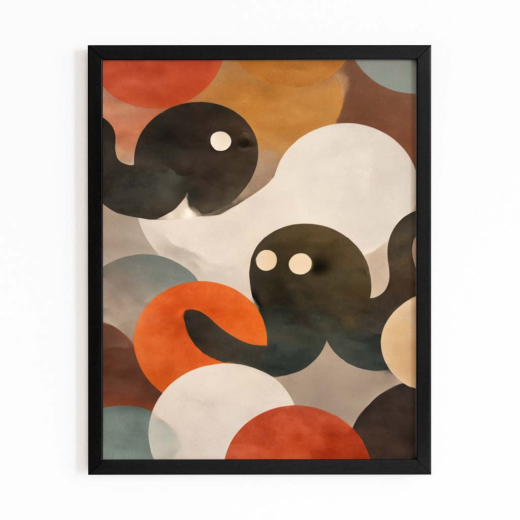 Mid Century Shapes Octopus Prints – with Premium Black frame on white background