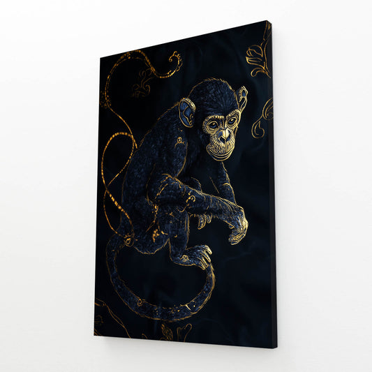 Midnight Gold Vines Monkey Wall Art – angled canvas view on white background