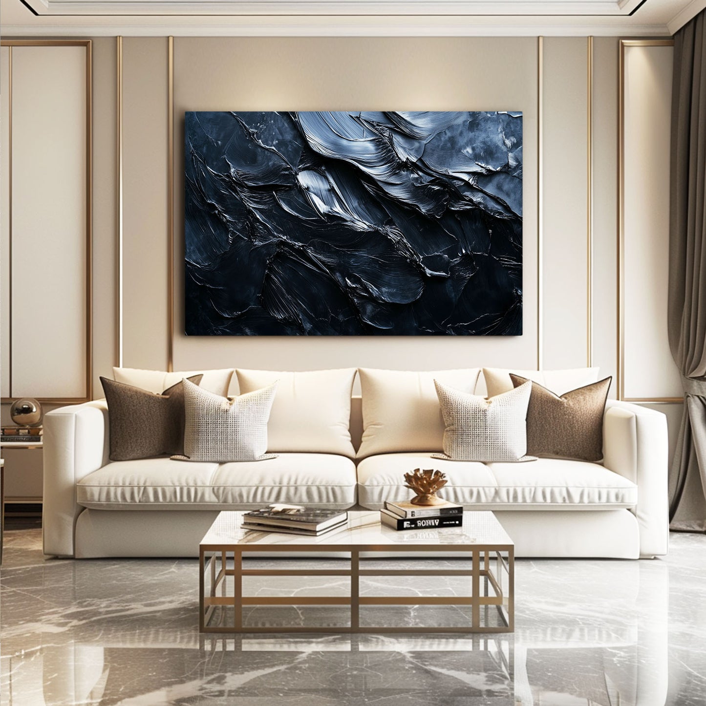 Midnight Impasto Texture Abstract Canvas – styled in a furnished interior