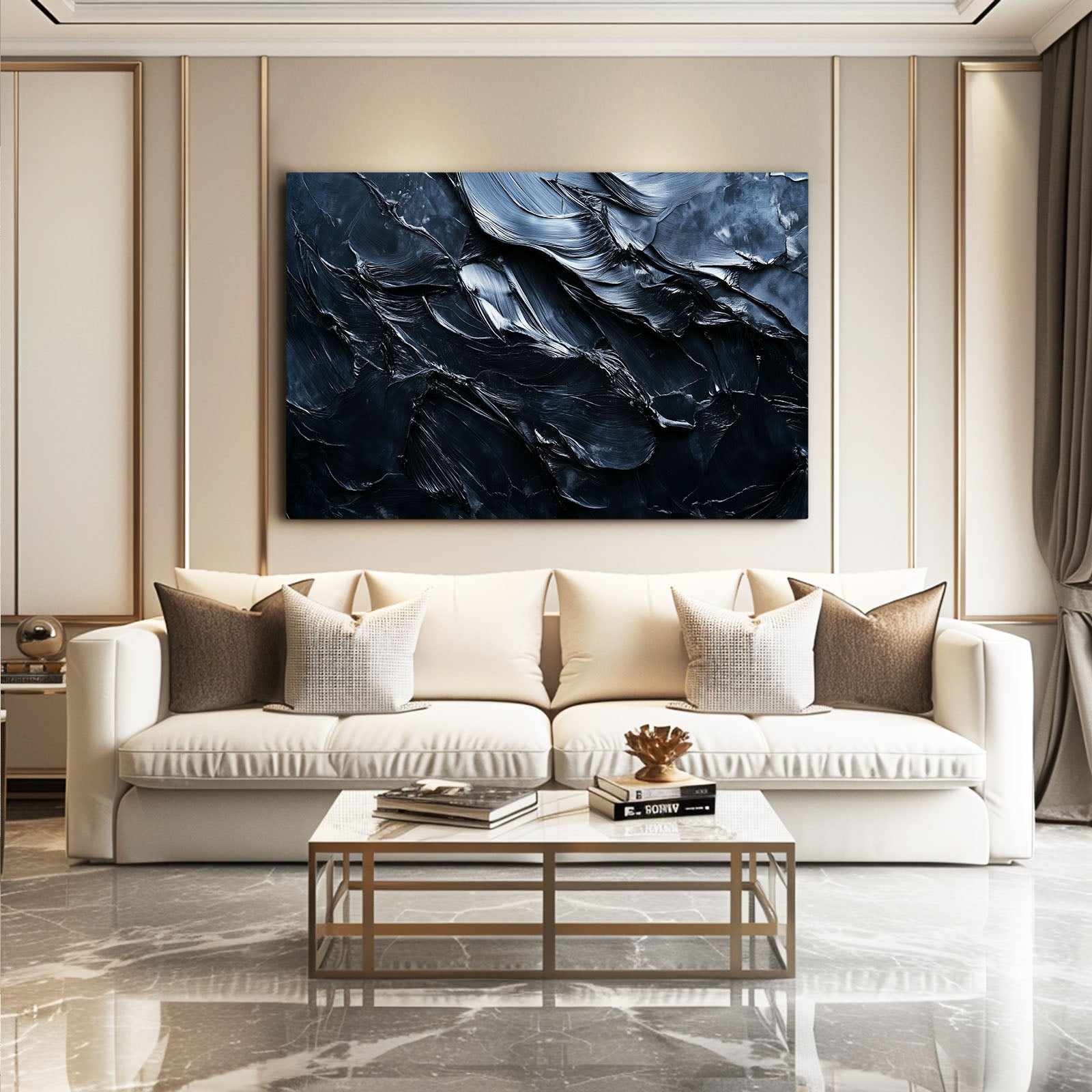 Midnight Impasto Texture Abstract Canvas – styled in a furnished interior