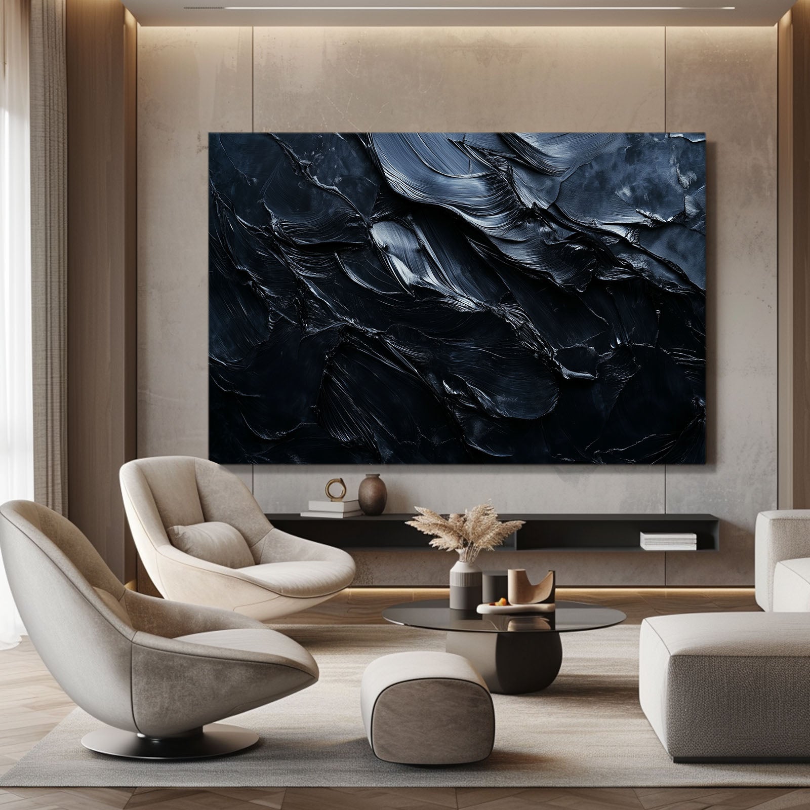 Midnight Impasto Texture Abstract Canvas – styled in a furnished interior