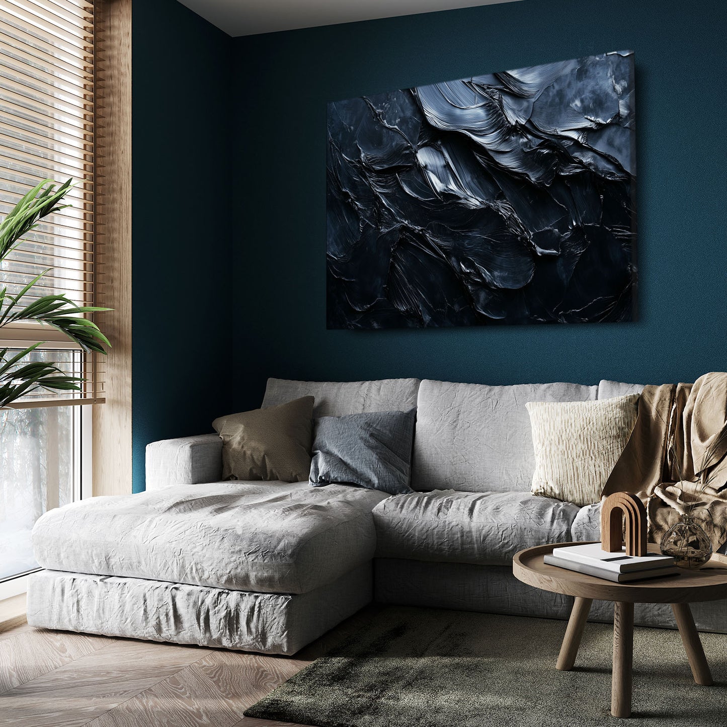 Midnight Impasto Texture Abstract Canvas – styled in a furnished interior