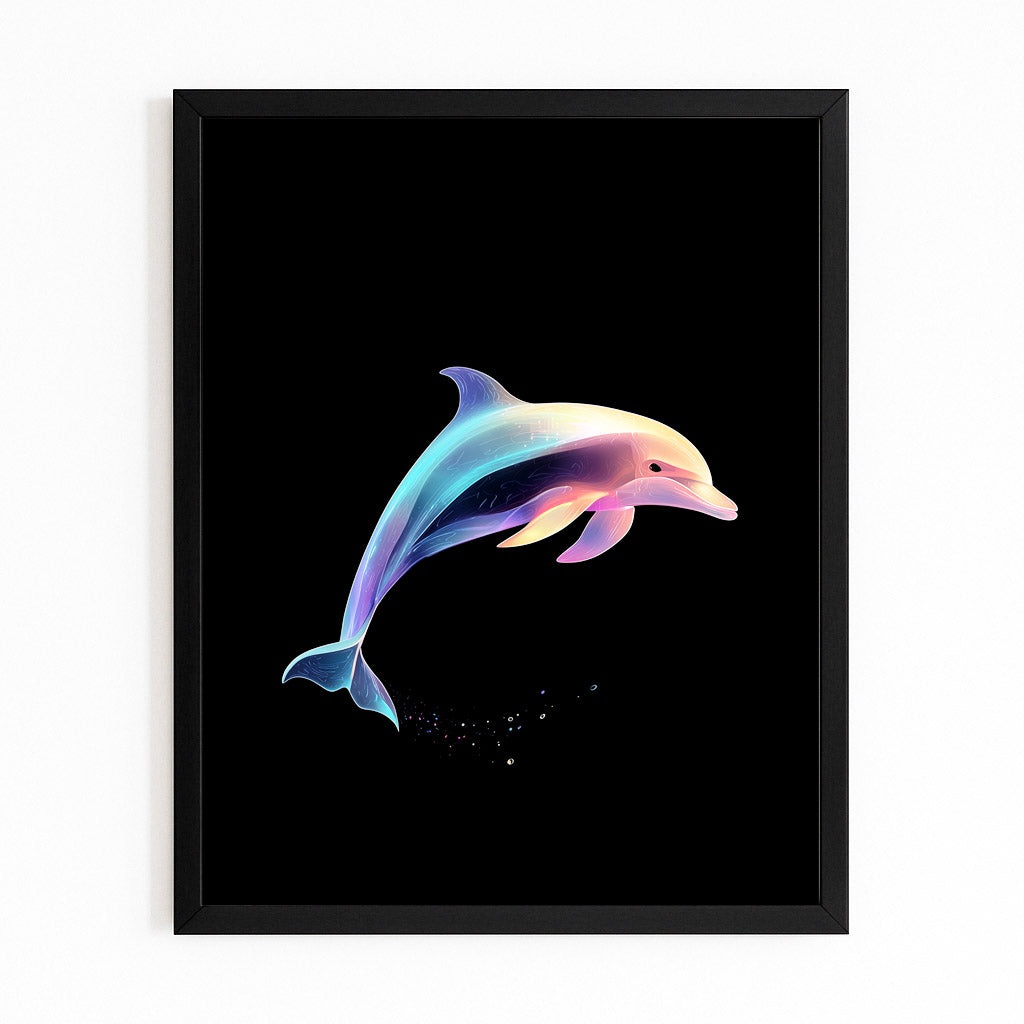 Midnight Pastel Dolphin Wall Art – small pastel rainbow dolphin glowing on a vast black background