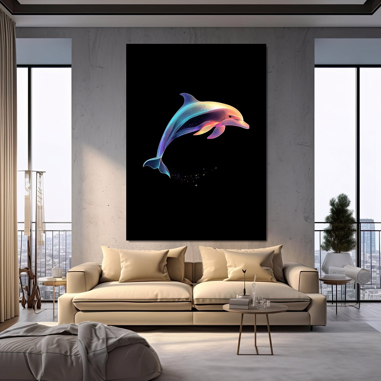 Midnight Pastel Dolphin Wall Art – styled in a furnished interior