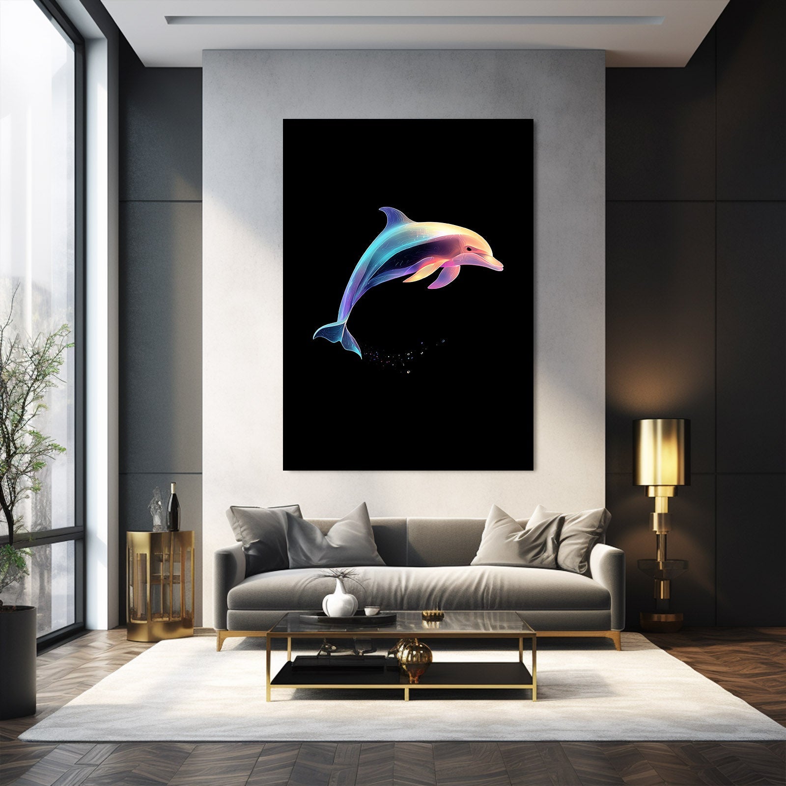 Midnight Pastel Dolphin Wall Art – styled in a furnished interior