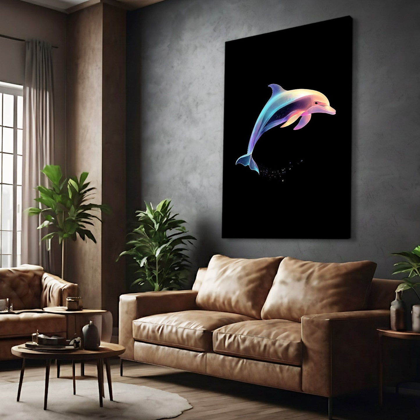 Midnight Pastel Dolphin Wall Art – styled in a furnished interior