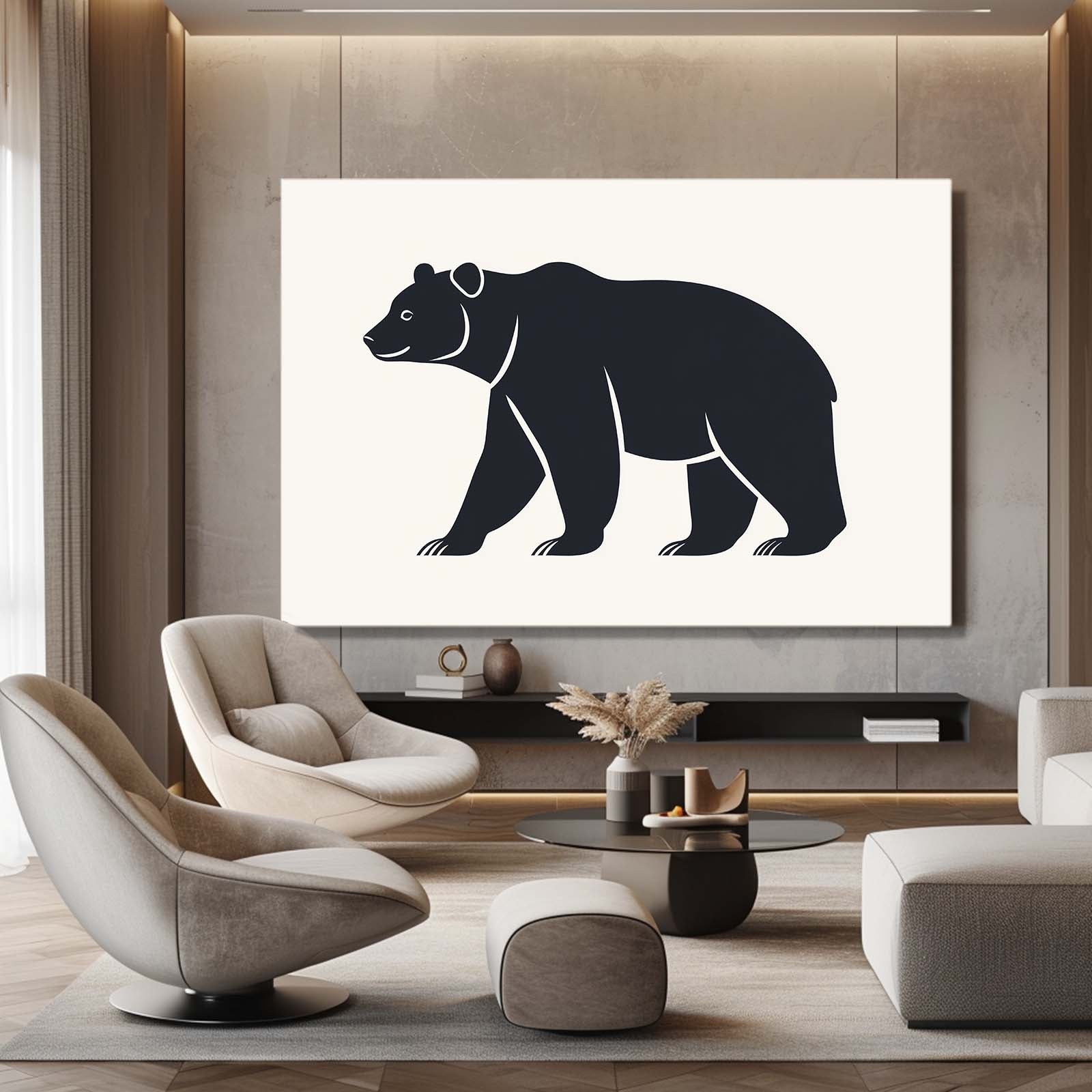 Minimal Black Silhouette Bear Art — line canvas print, styled in a furnished interior