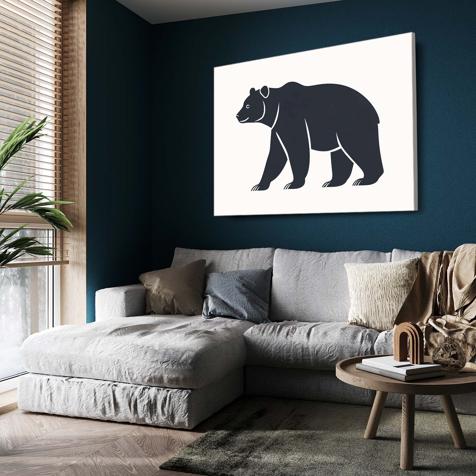Minimal Black Silhouette Bear Art — line canvas print, styled in a furnished interior