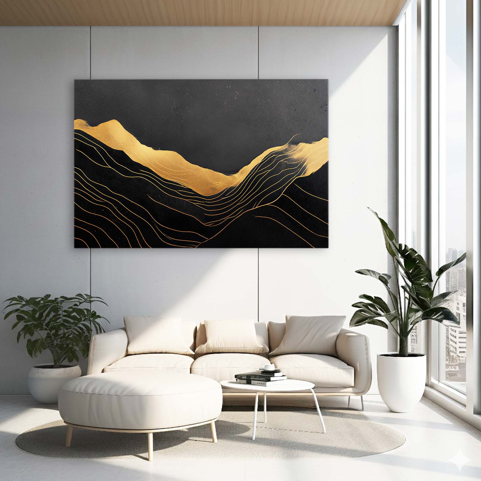 Minimal Dune Lines Gold Art – styled in a furnished interior