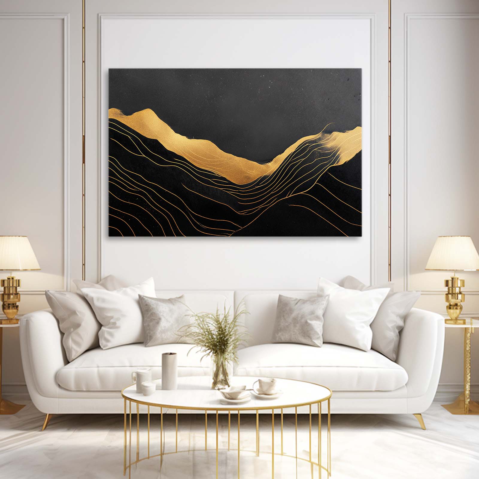 Minimal Dune Lines Gold Art – styled in a furnished interior