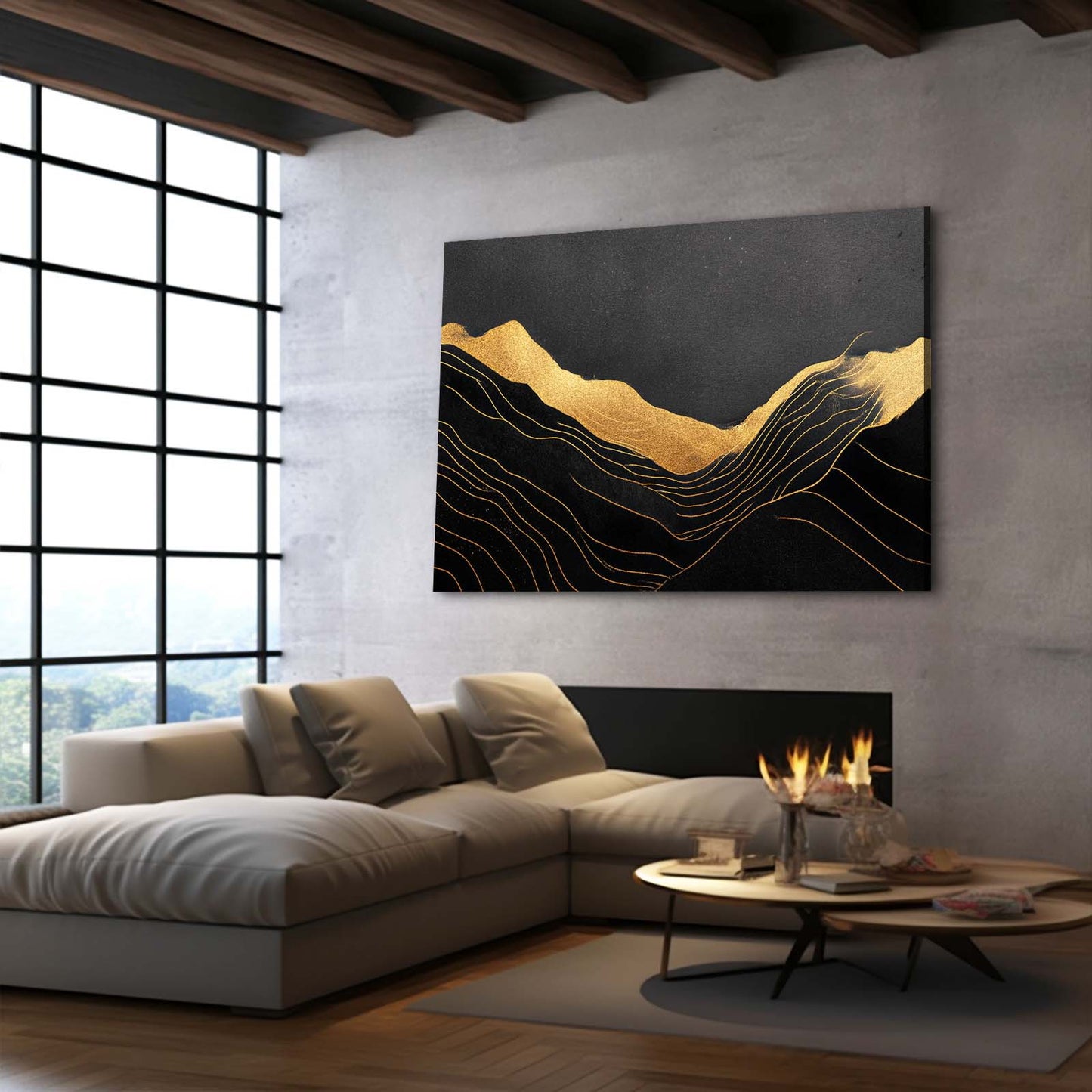 Minimal Dune Lines Gold Art – styled in a furnished interior