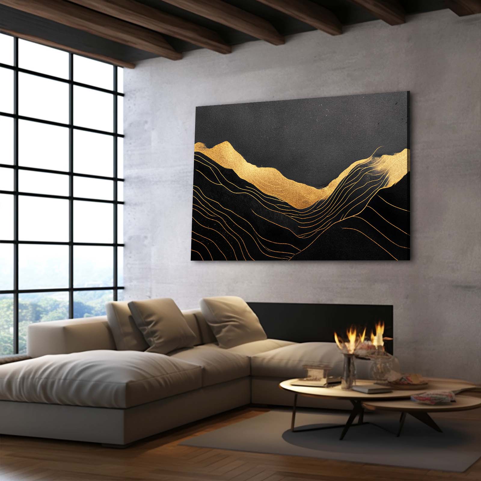 Minimal Dune Lines Gold Art – styled in a furnished interior
