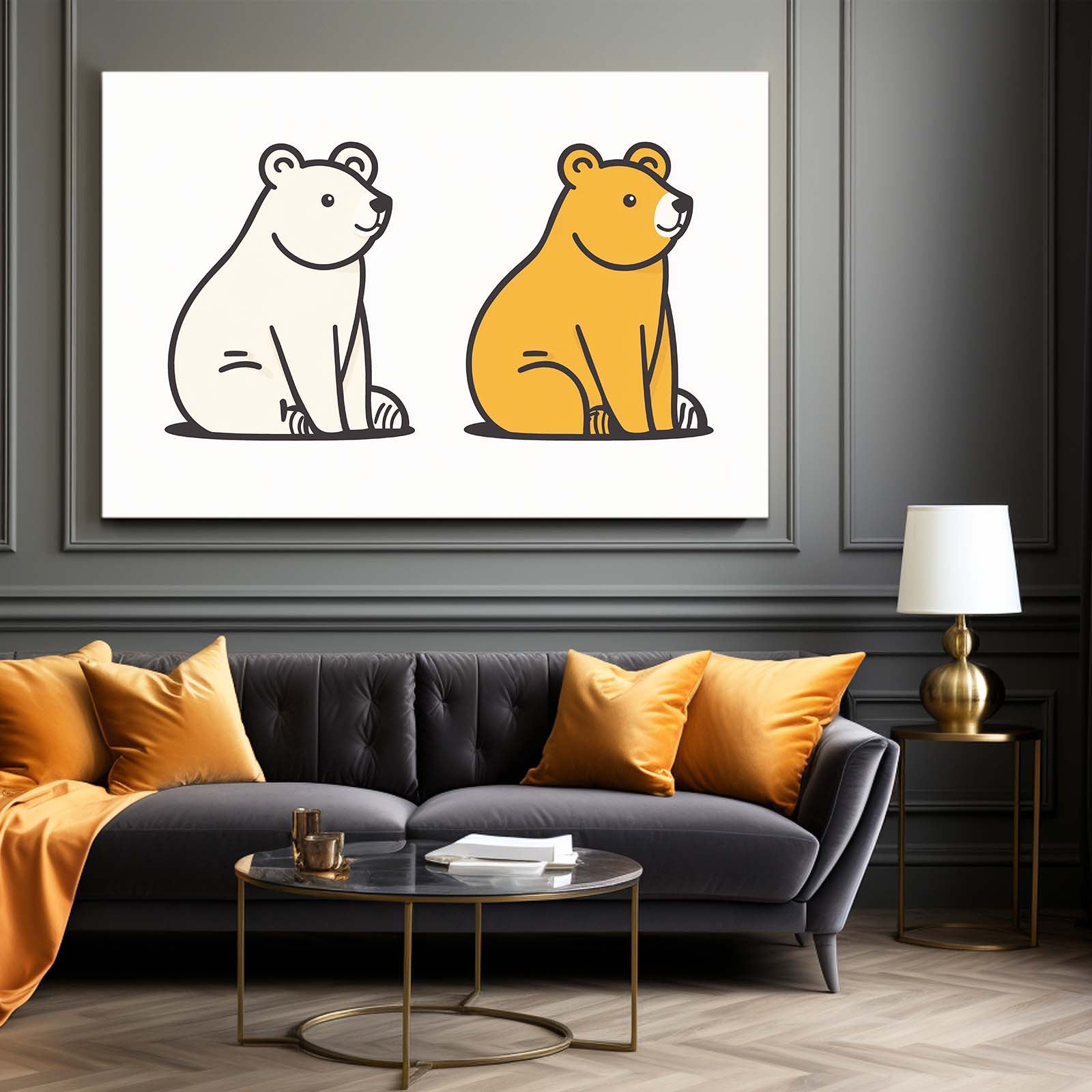 Minimal Duo Outline Bear Canvas — line canvas print, styled in a furnished interior