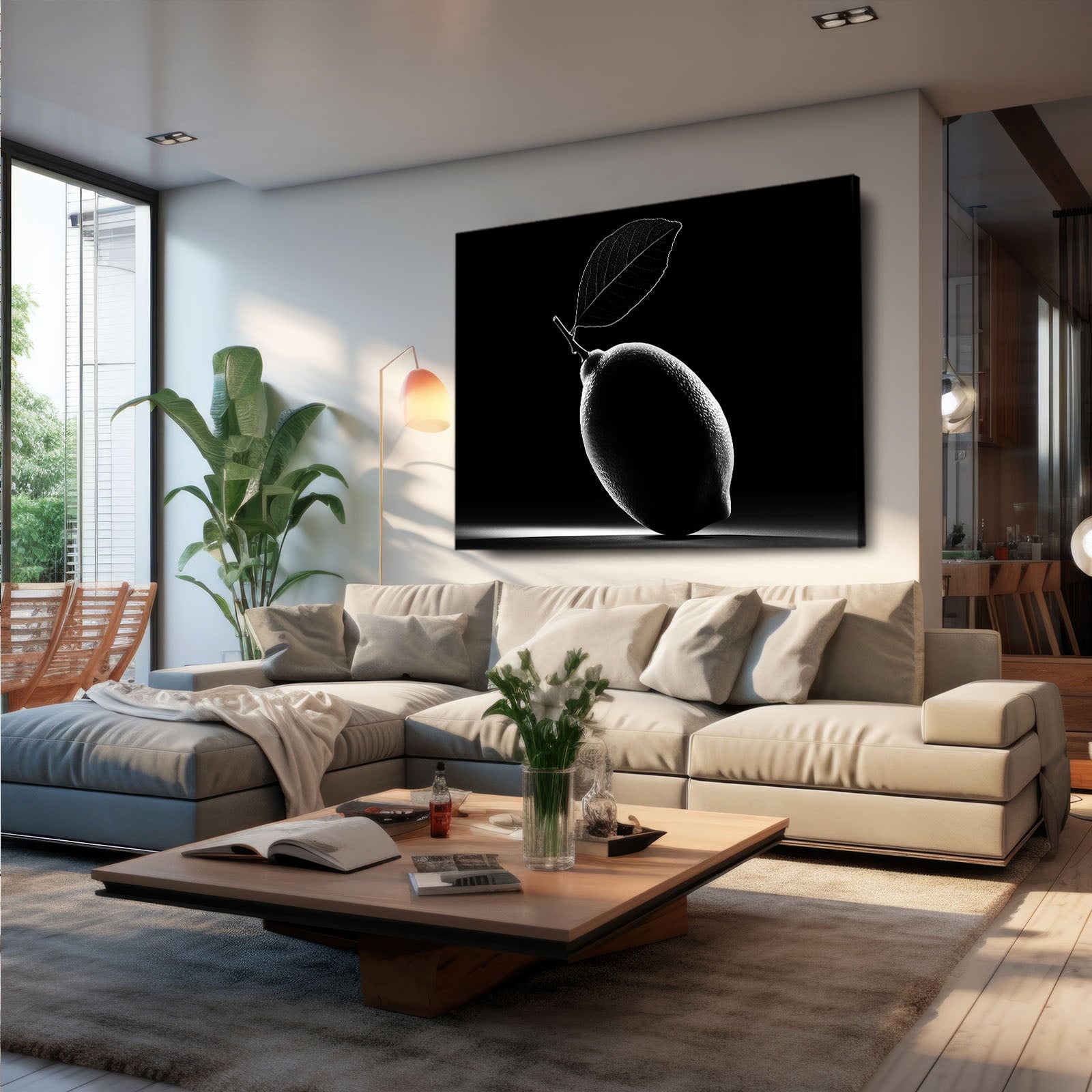 Minimal Lemon Black Fruit Canvas – styled in a furnished interior