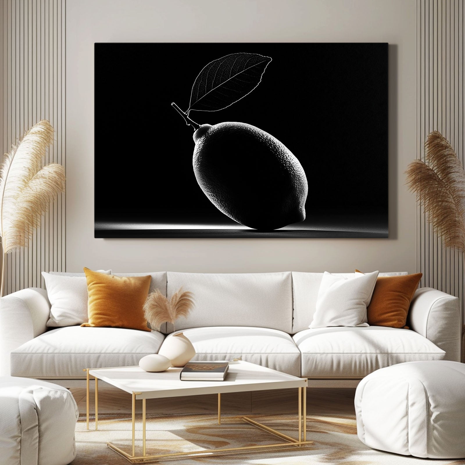 Minimal Lemon Black Fruit Canvas – styled in a furnished interior
