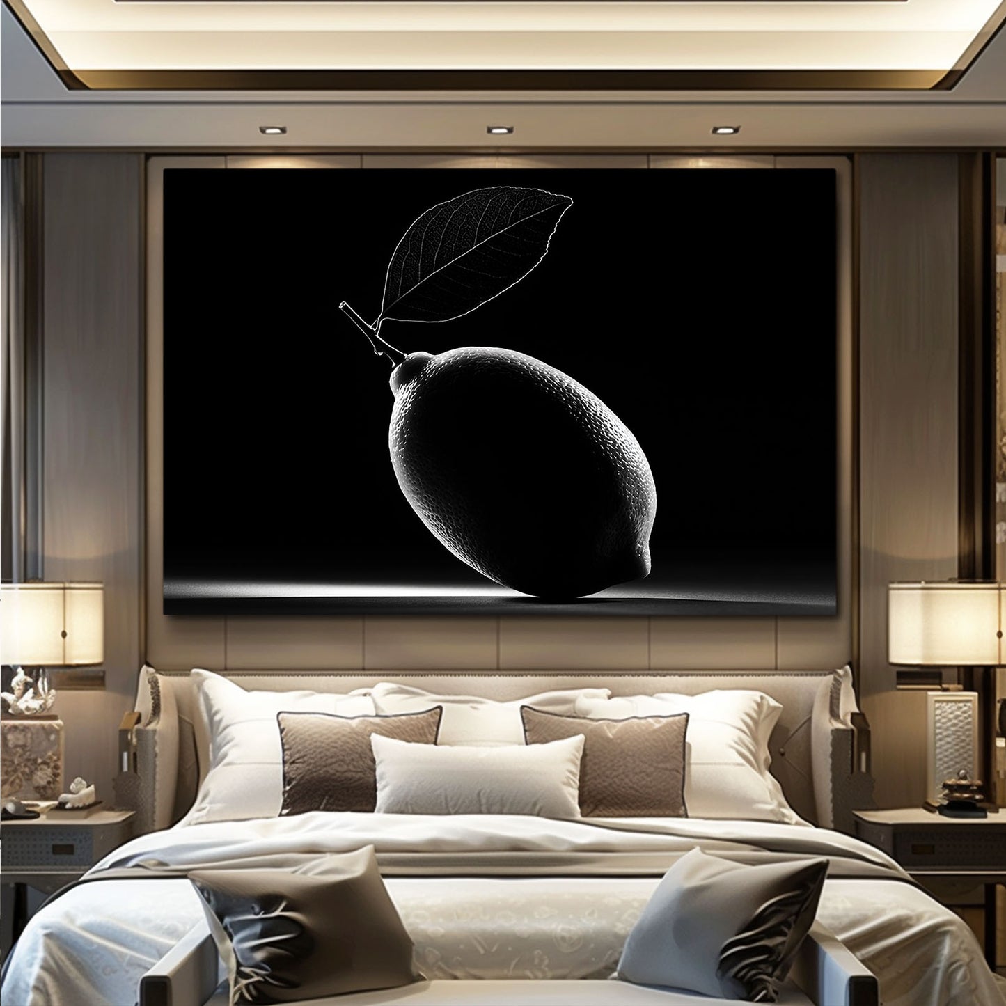 Minimal Lemon Black Fruit Canvas – styled in a furnished interior